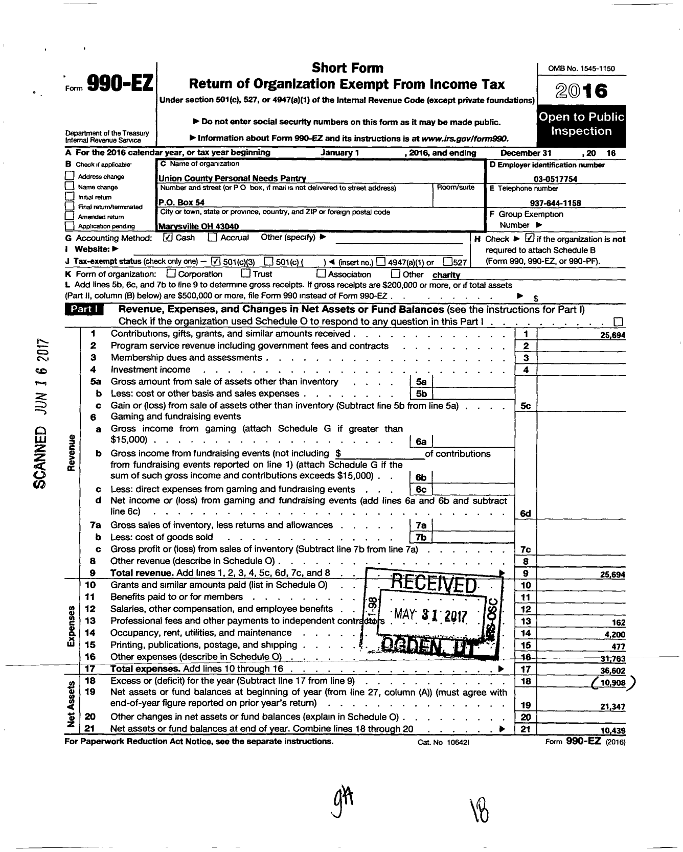 Image of first page of 2016 Form 990EZ for Union County Personal Needs Pantry