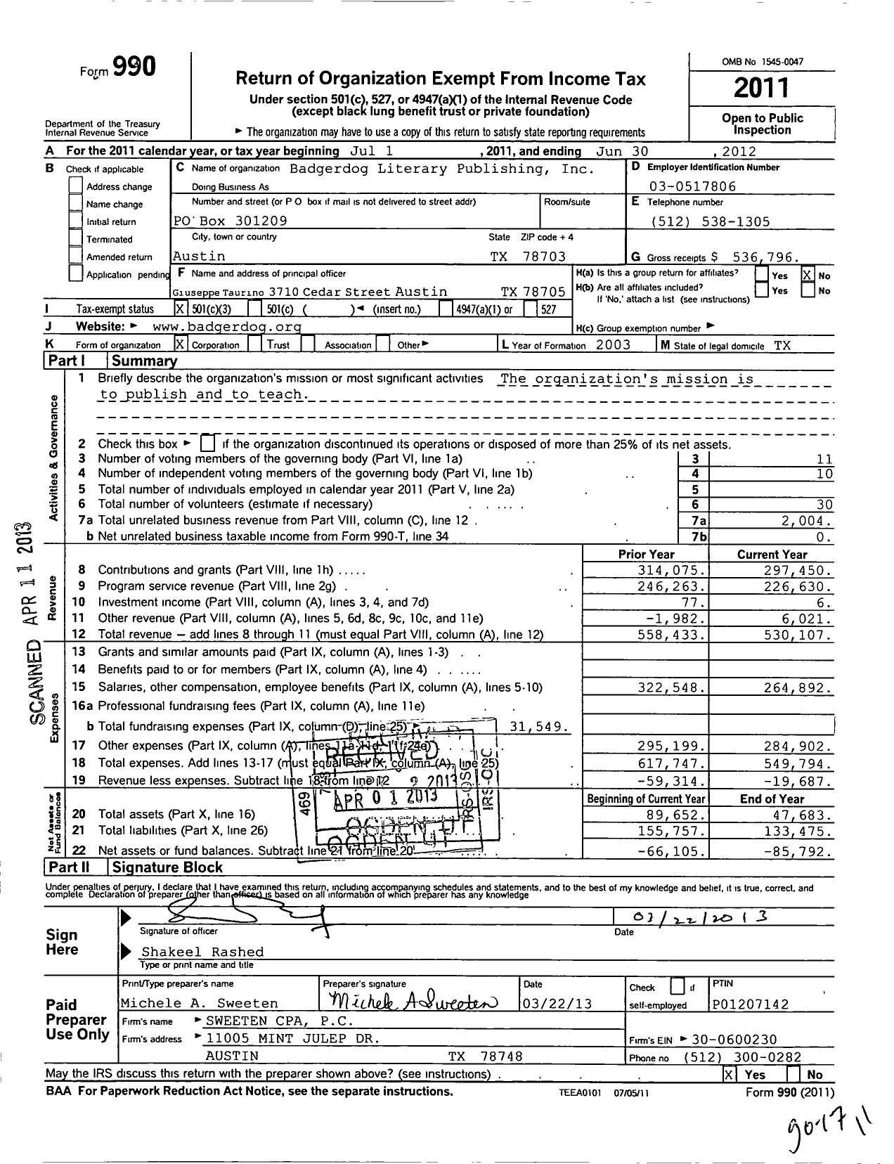 Image of first page of 2011 Form 990 for Badgerdog Literary Publishing