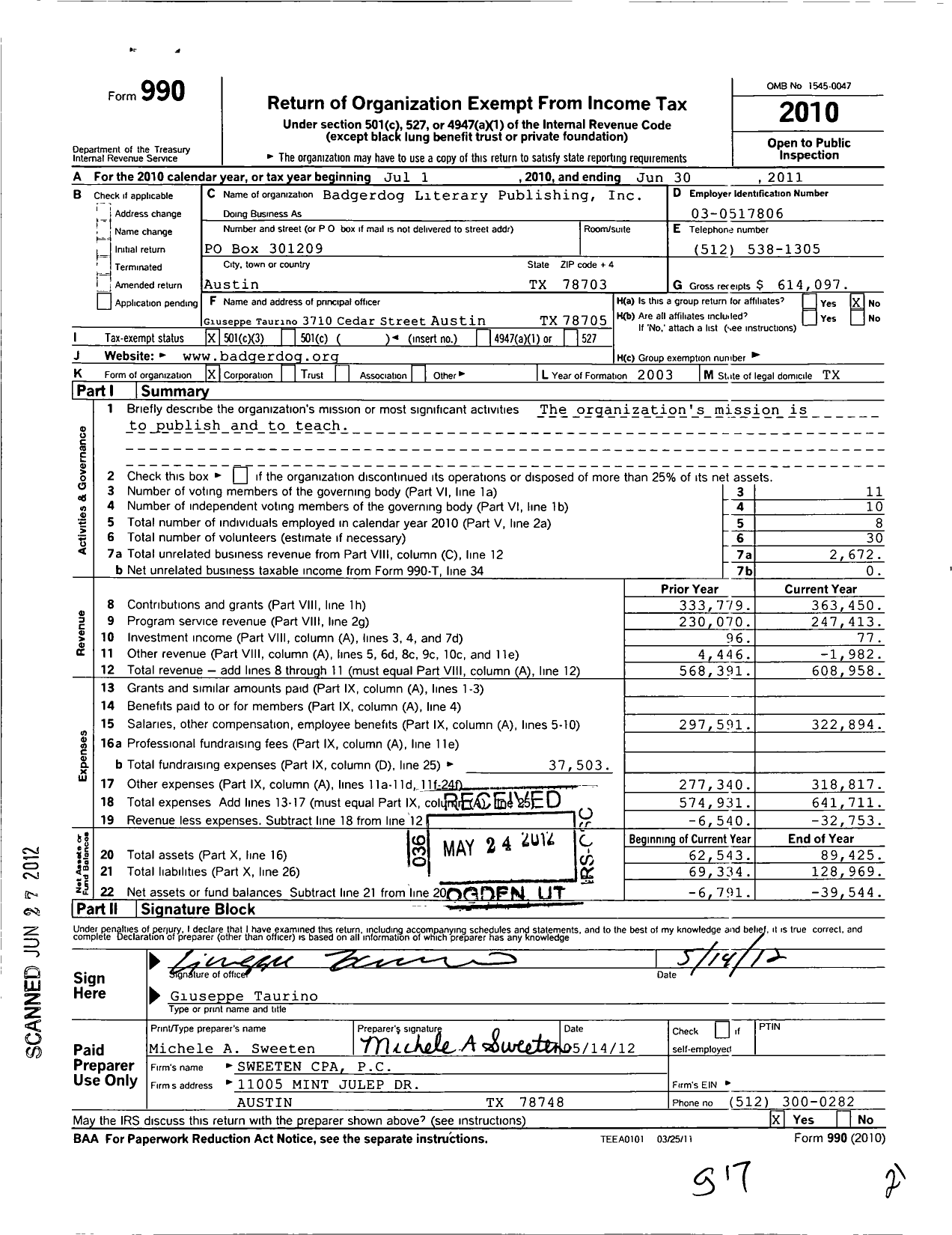 Image of first page of 2010 Form 990 for Badgerdog Literary Publishing