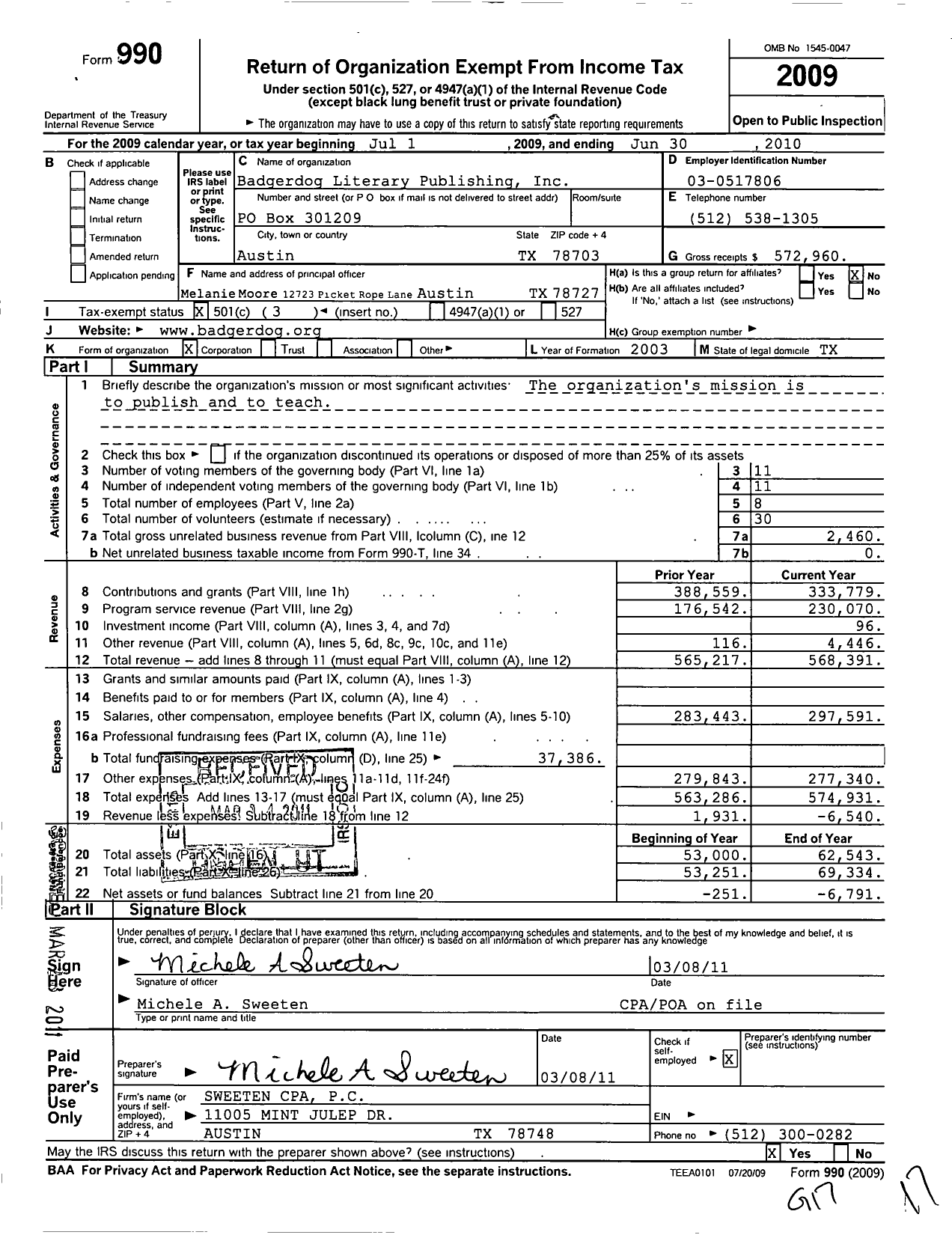 Image of first page of 2009 Form 990 for Badgerdog Literary Publishing