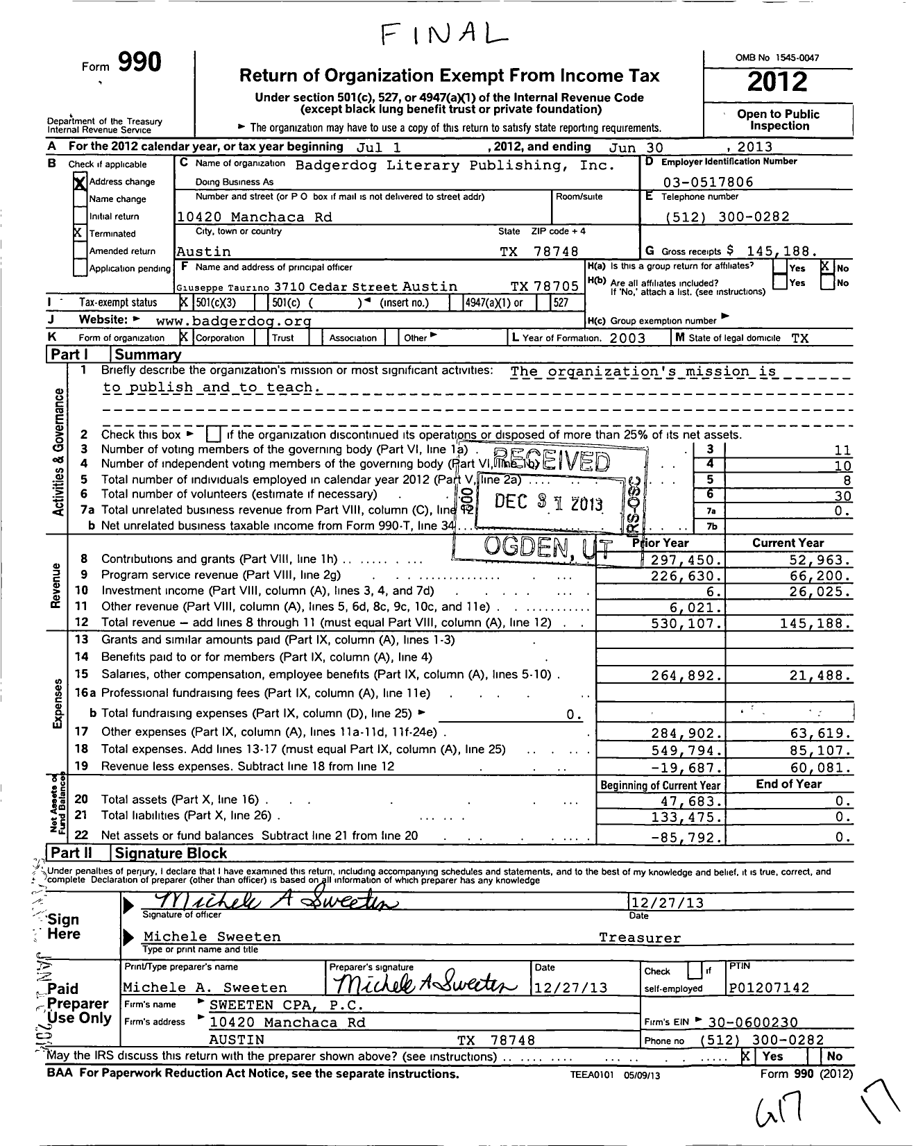 Image of first page of 2012 Form 990 for Badgerdog Literary Publishing