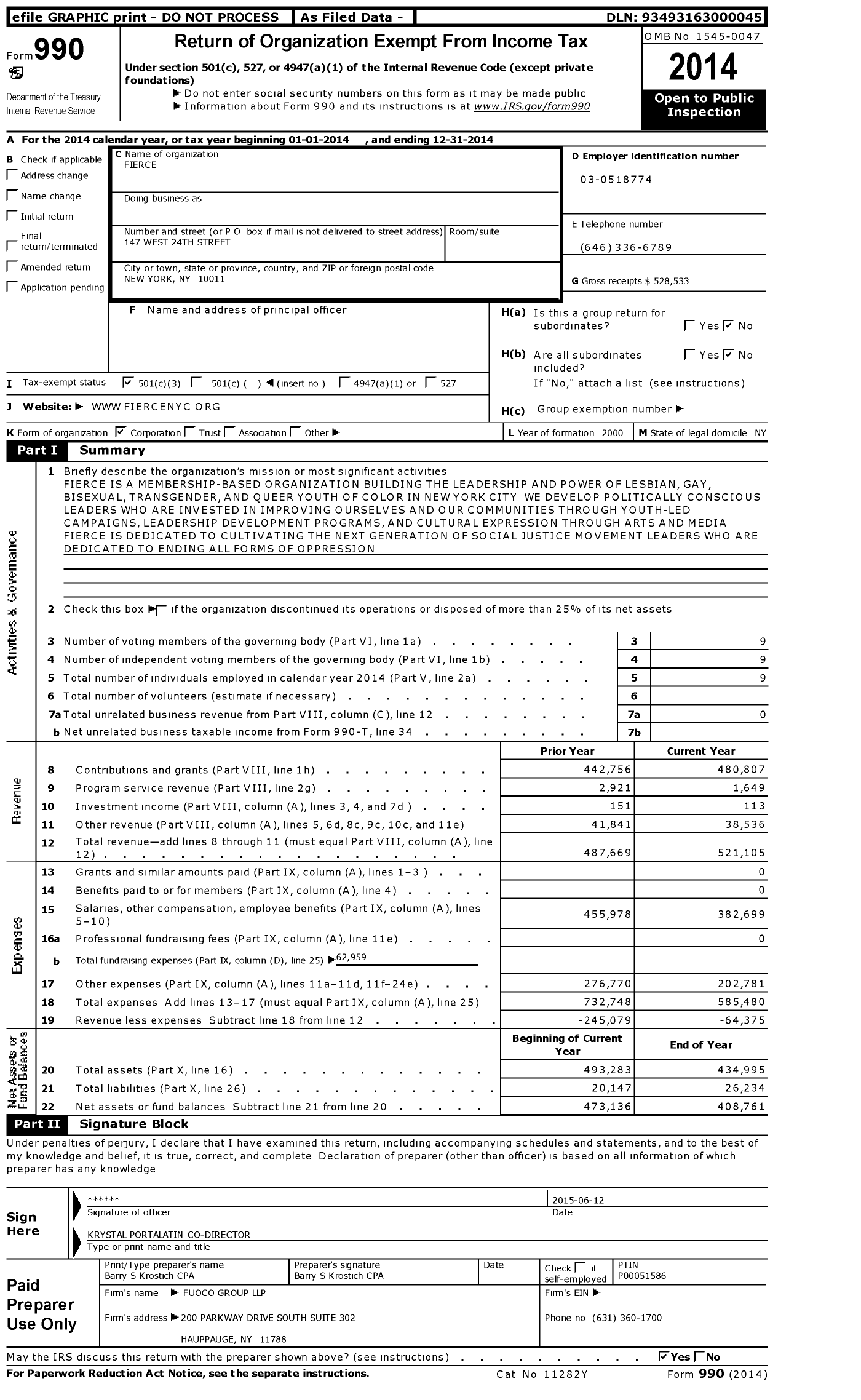 Image of first page of 2014 Form 990 for Fierce