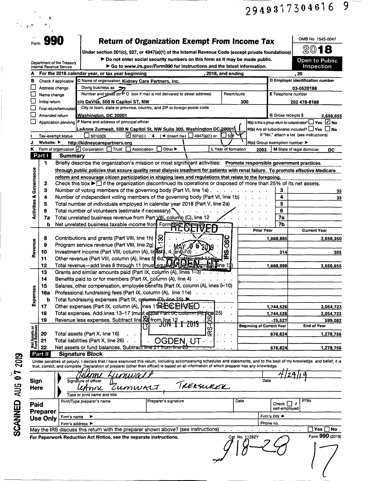 Image of first page of 2018 Form 990O for Kidney Care Partners