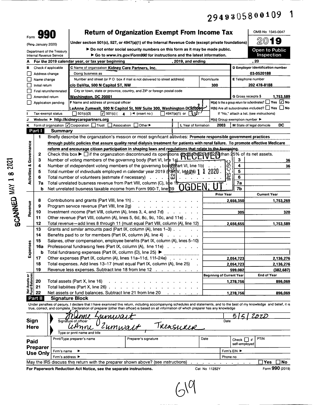 Image of first page of 2019 Form 990O for Kidney Care Partners