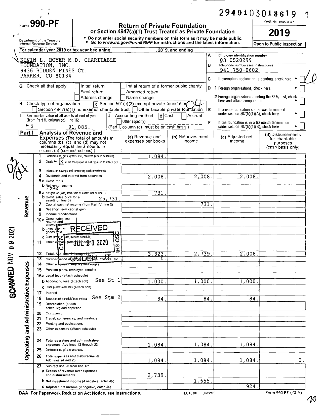 Image of first page of 2019 Form 990PF for Kevin L Boyer MD Charitable Foundation