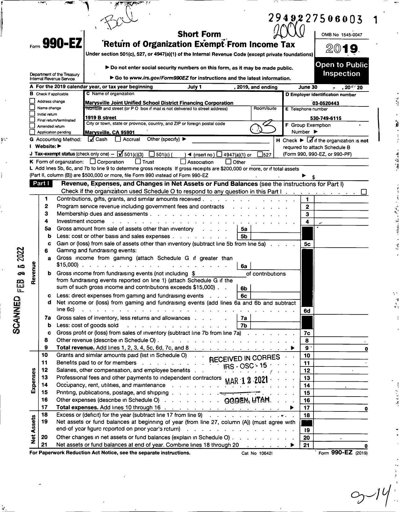 Image of first page of 2019 Form 990EZ for Marysville Joint Unified School District Financing Corporation