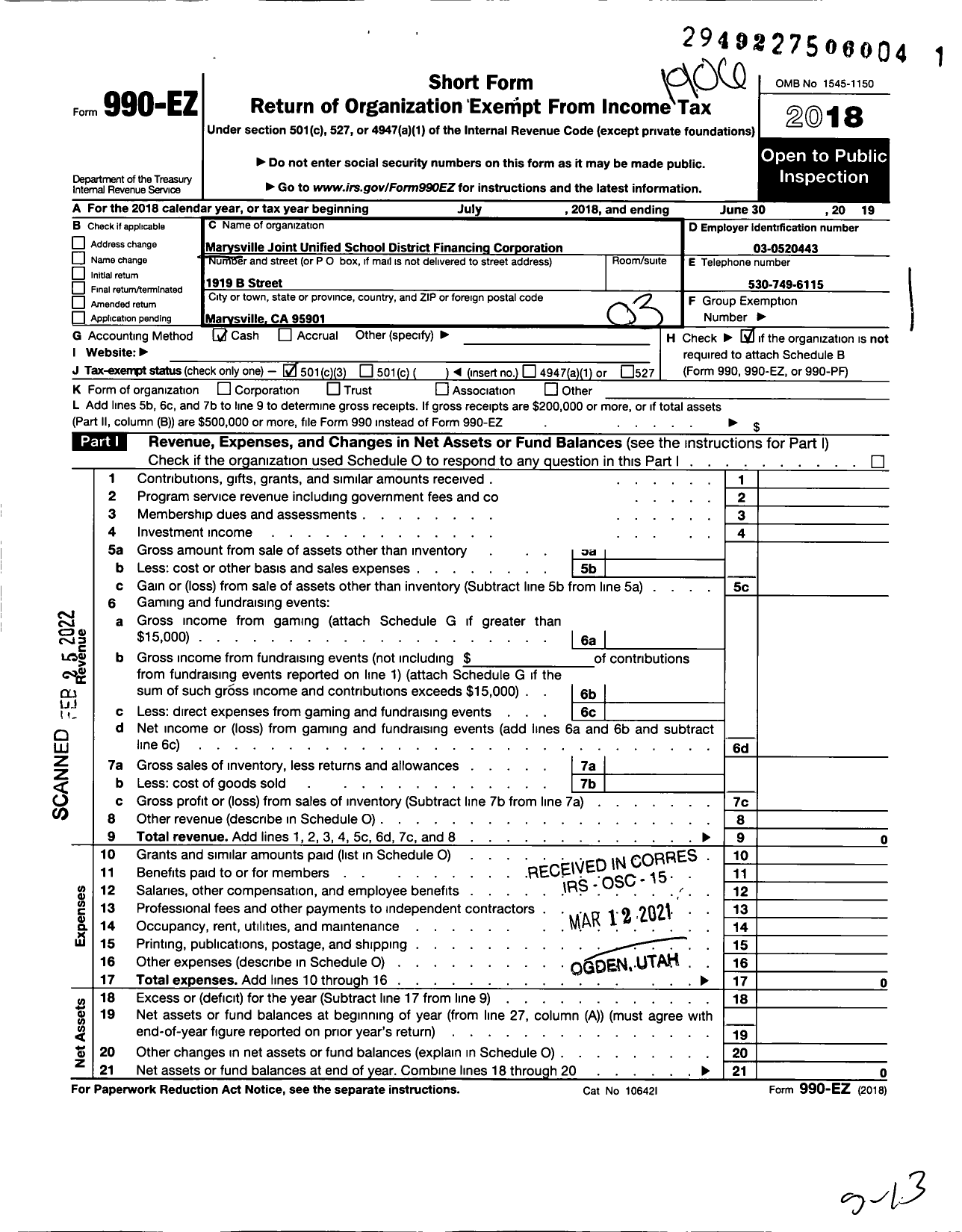 Image of first page of 2018 Form 990EZ for Marysville Joint Unified School District Financing Corporation