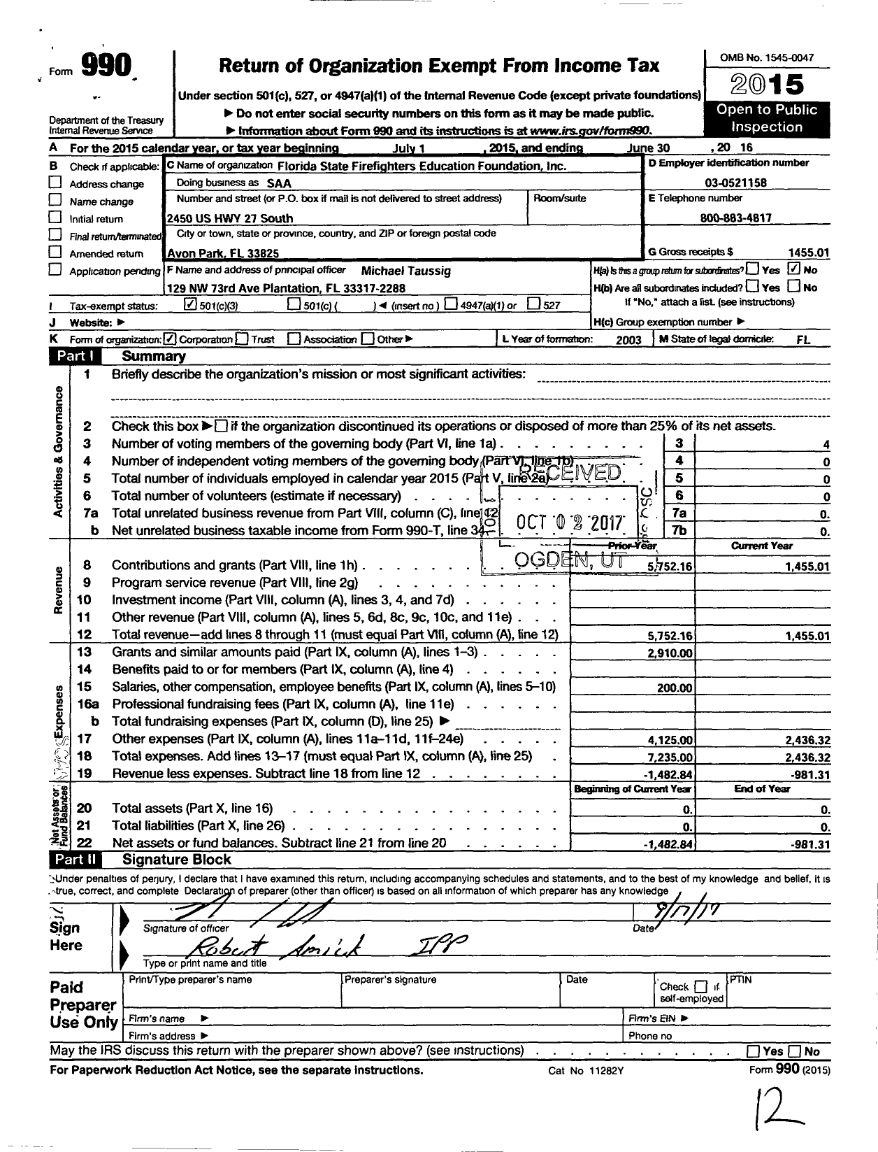 Image of first page of 2015 Form 990 for Florida State Firefighters Education