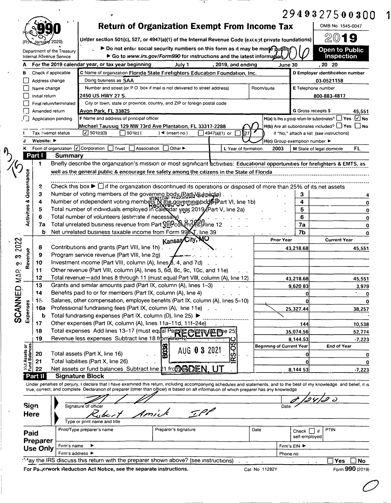 Image of first page of 2019 Form 990 for Florida State Firefighters Education