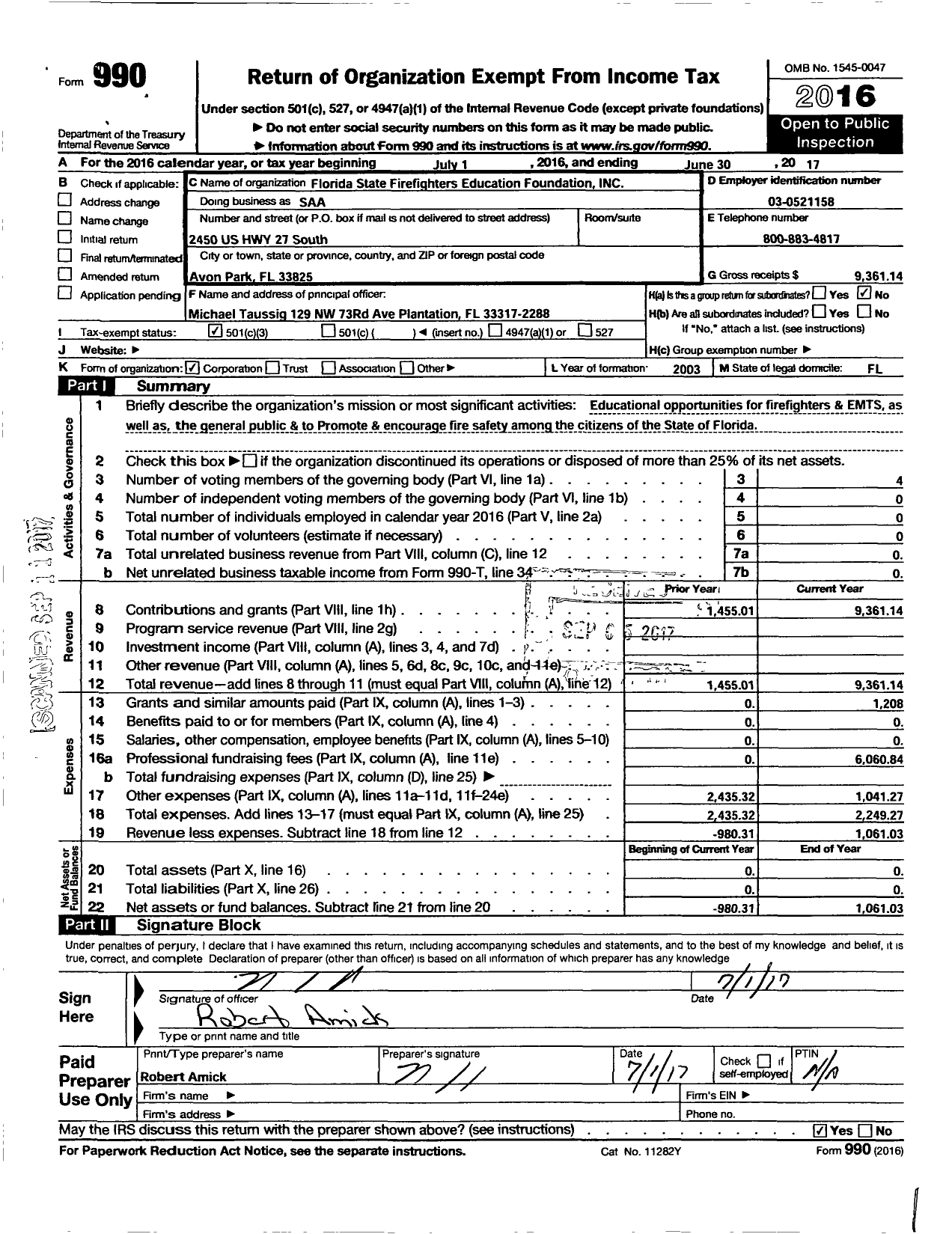 Image of first page of 2016 Form 990 for Florida State Firefighters Education