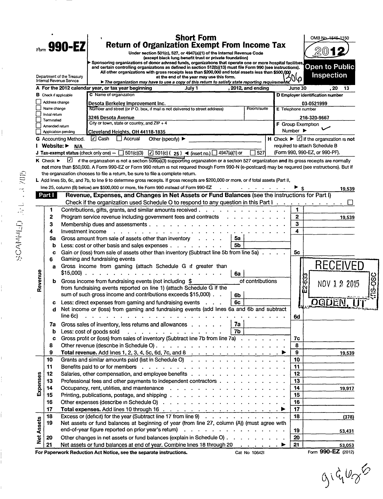 Image of first page of 2012 Form 990EO for Desota Berkeley Improvement