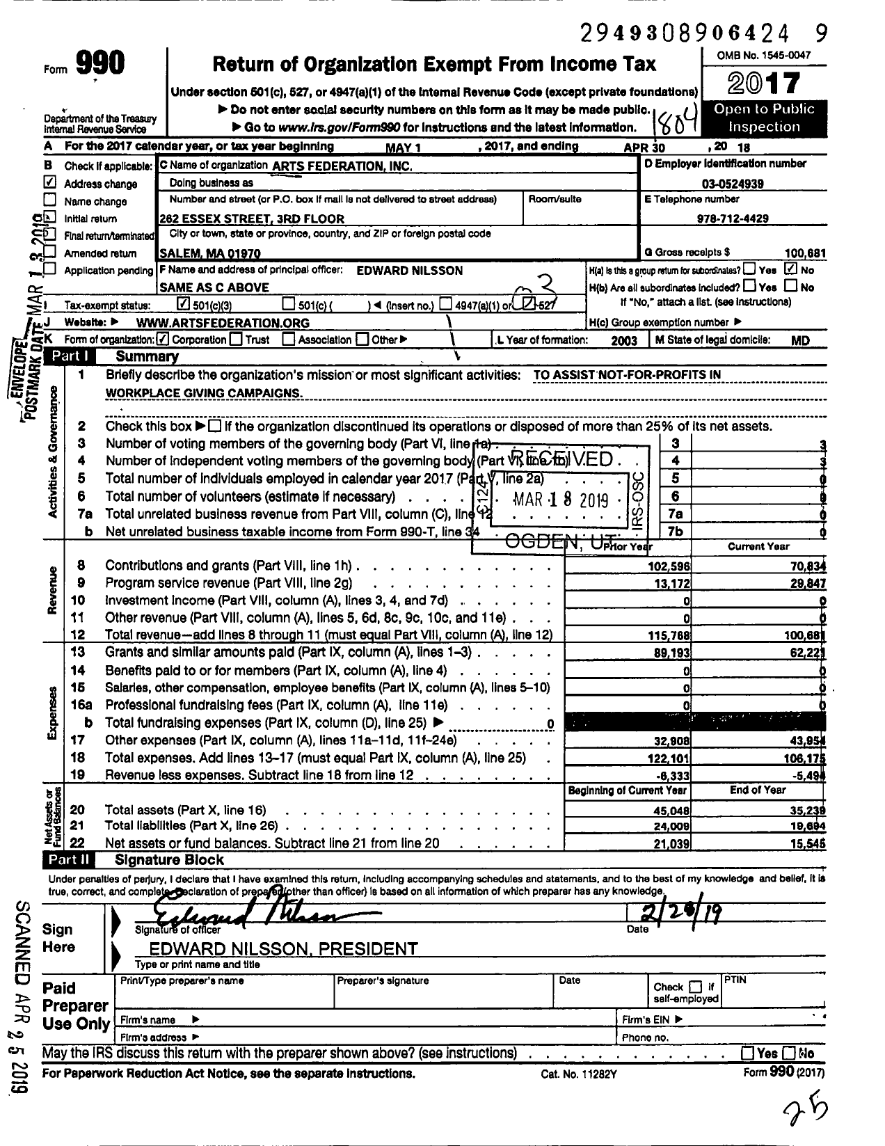 Image of first page of 2017 Form 990 for Arts Federation