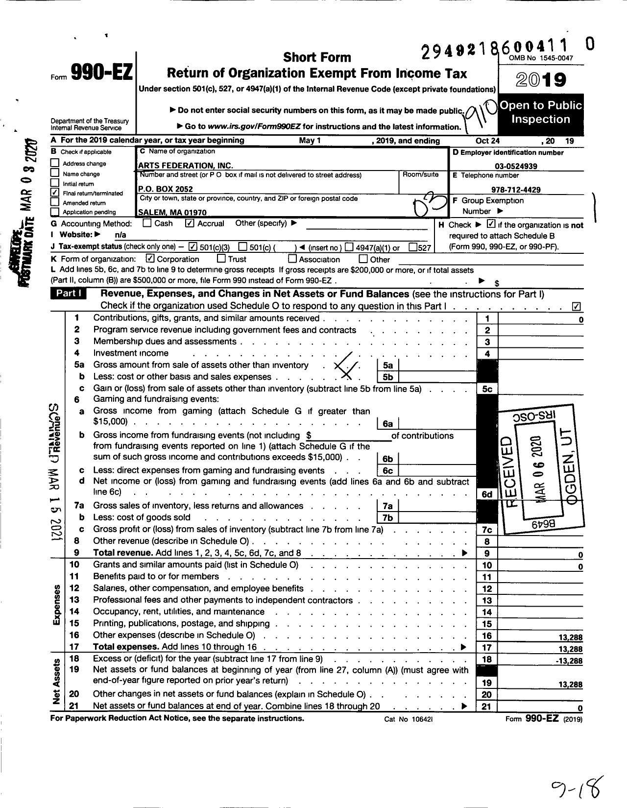 Image of first page of 2018 Form 990EZ for Arts Federation