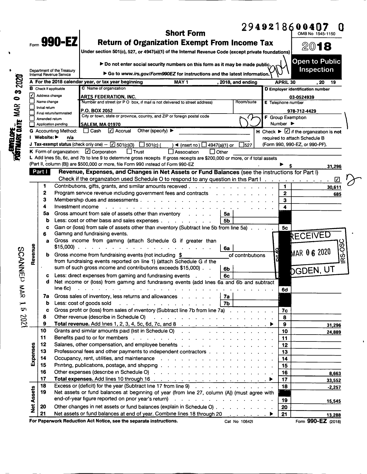 Image of first page of 2018 Form 990EZ for Arts Federation