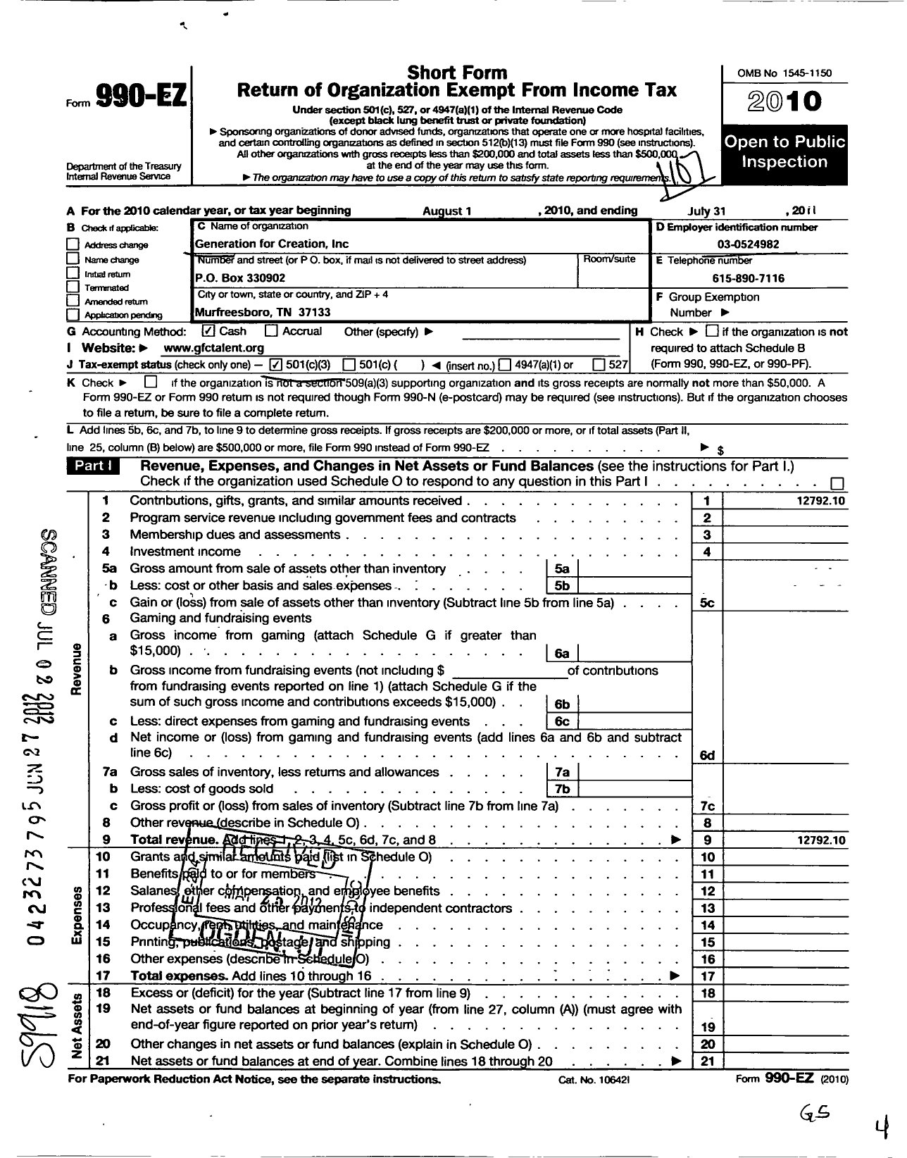 Image of first page of 2010 Form 990EZ for Generation for Creation