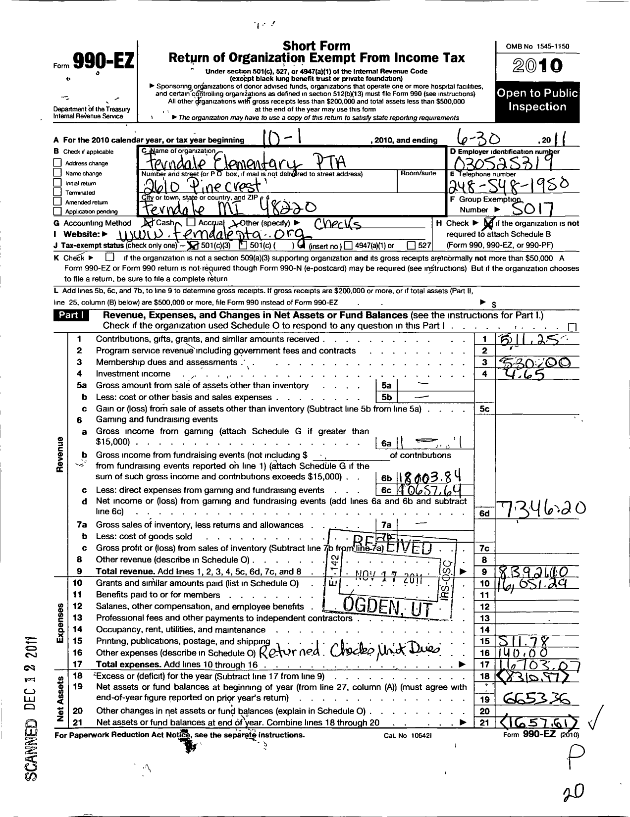 Image of first page of 2010 Form 990EZ for Ptsa Michigan Congress of Parents Teachers and Students / Ferndale Elementary School Ptsa