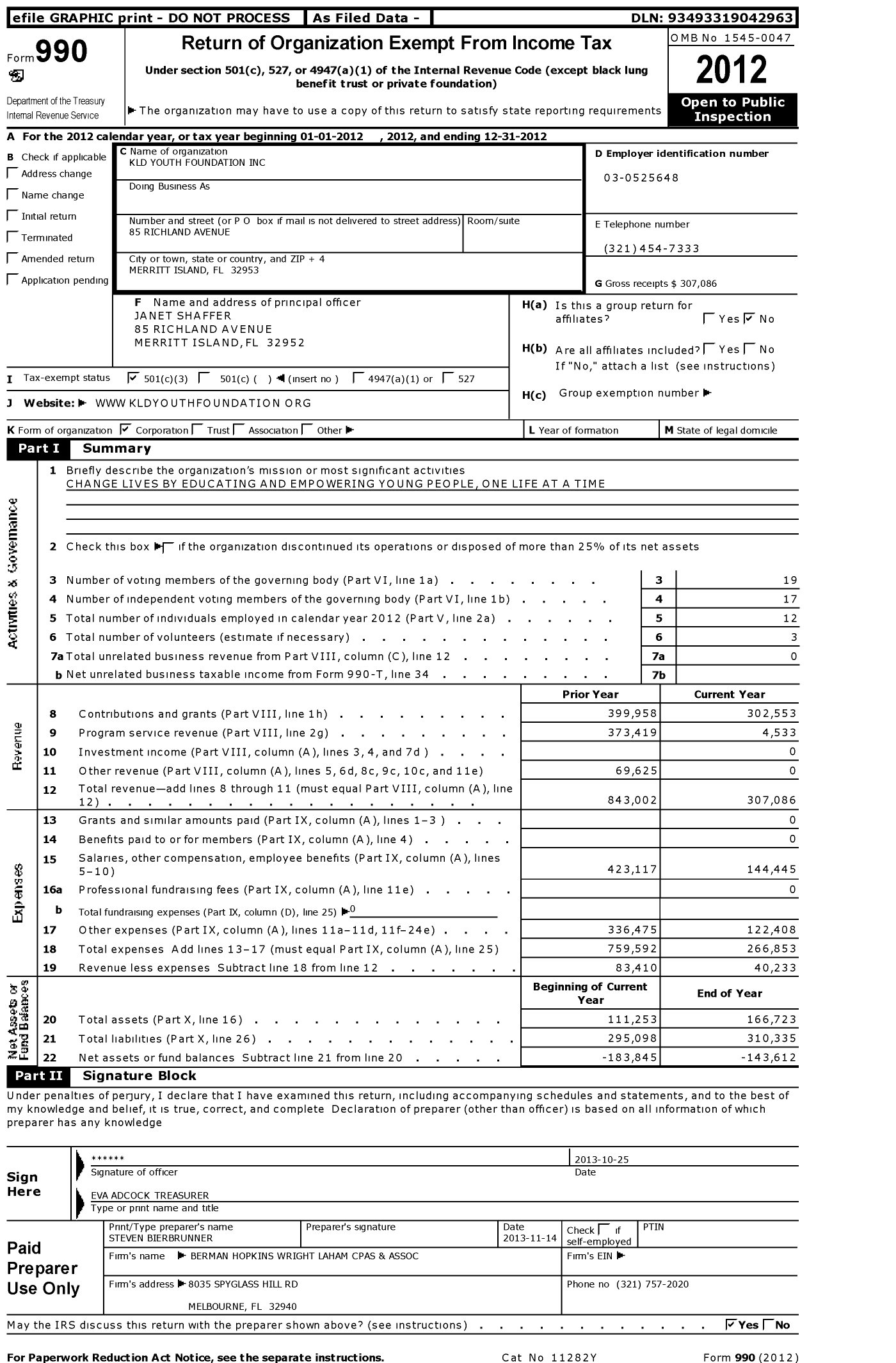 Image of first page of 2012 Form 990 for KLD Youth Foundation