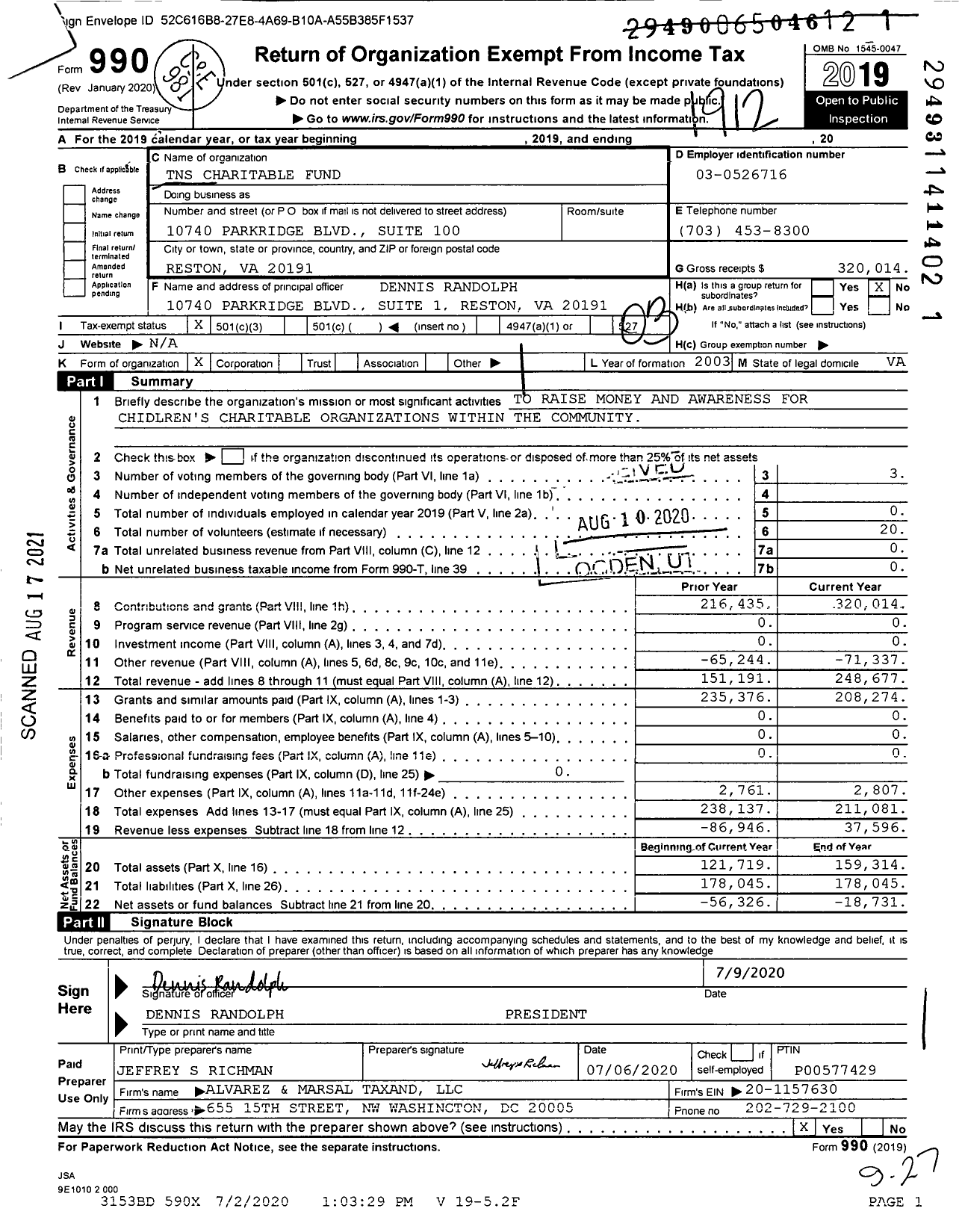 Image of first page of 2019 Form 990 for TNS Charitable Fund