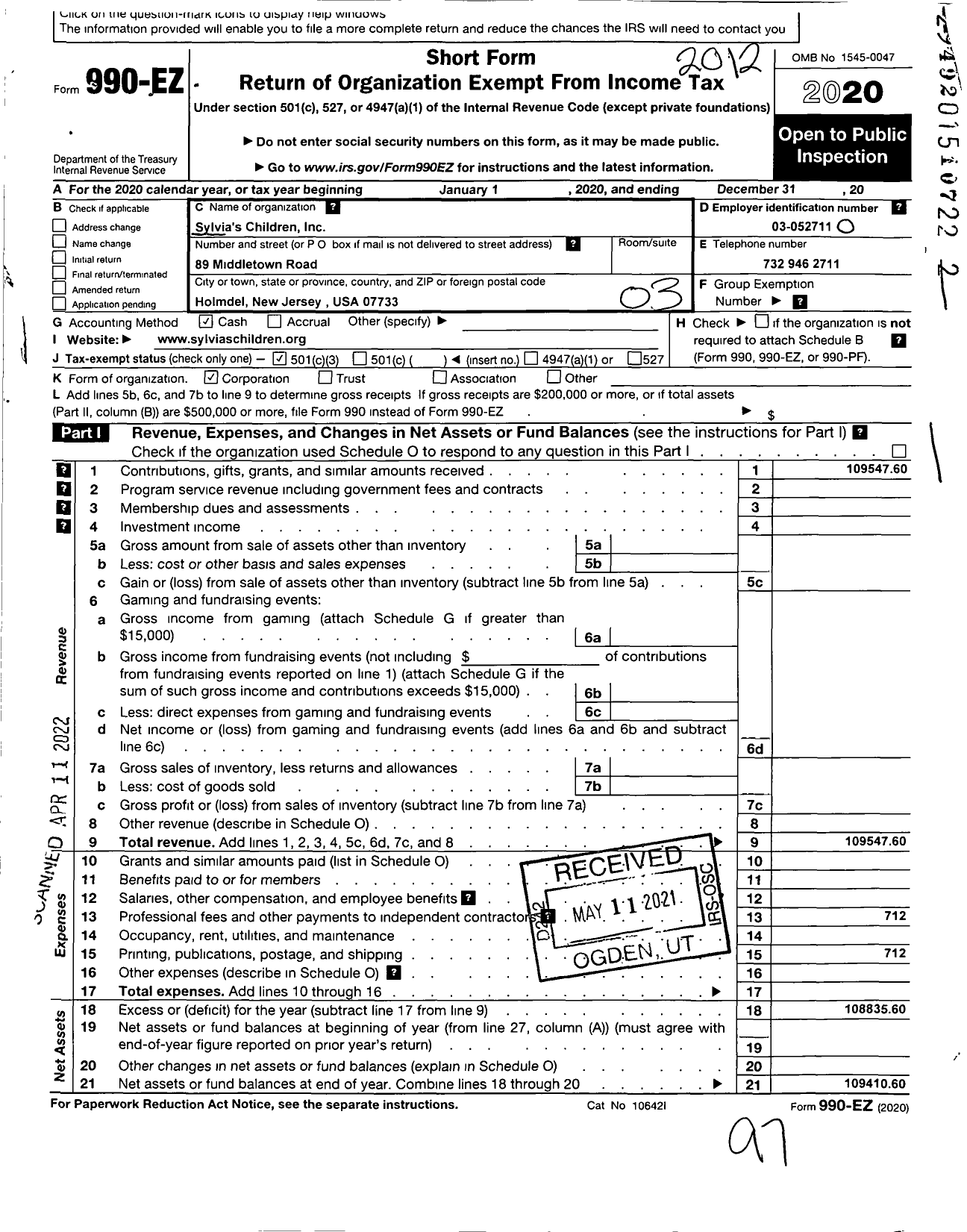 Image of first page of 2020 Form 990EZ for Sylvia's Children