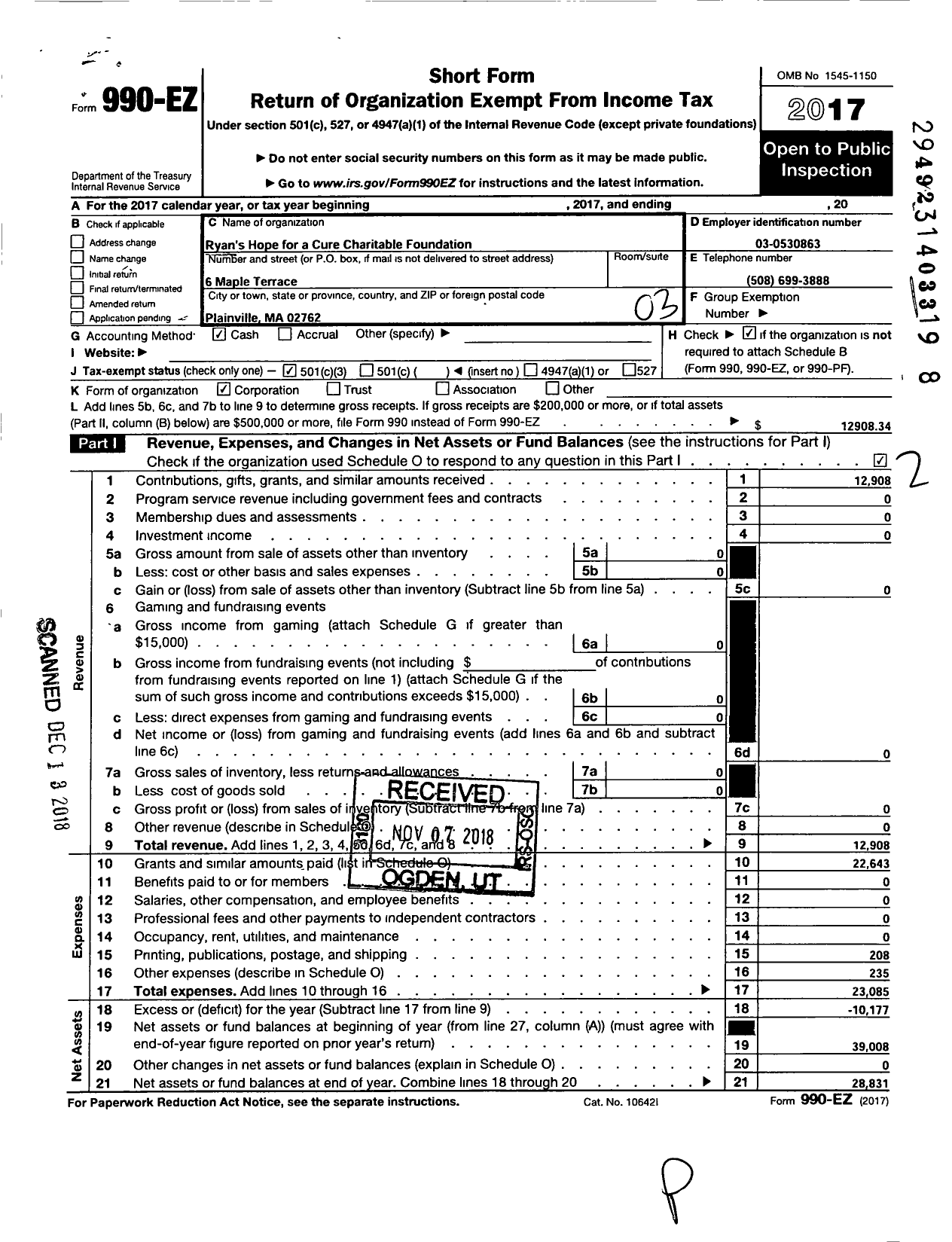 Image of first page of 2017 Form 990EZ for Ryans Hope for A Cure Charitable Foundation