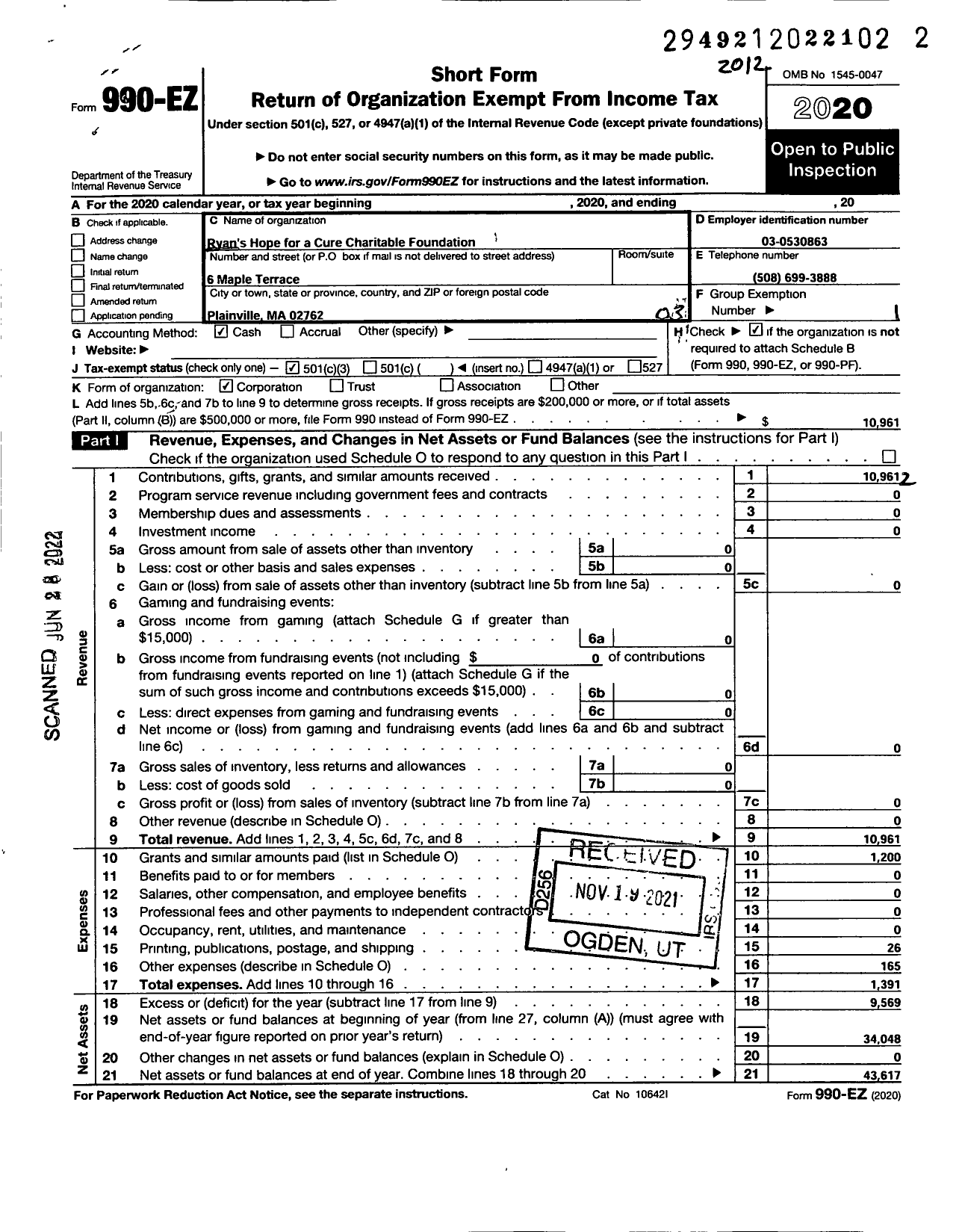 Image of first page of 2020 Form 990EZ for Ryans Hope for A Cure Charitable Foundation