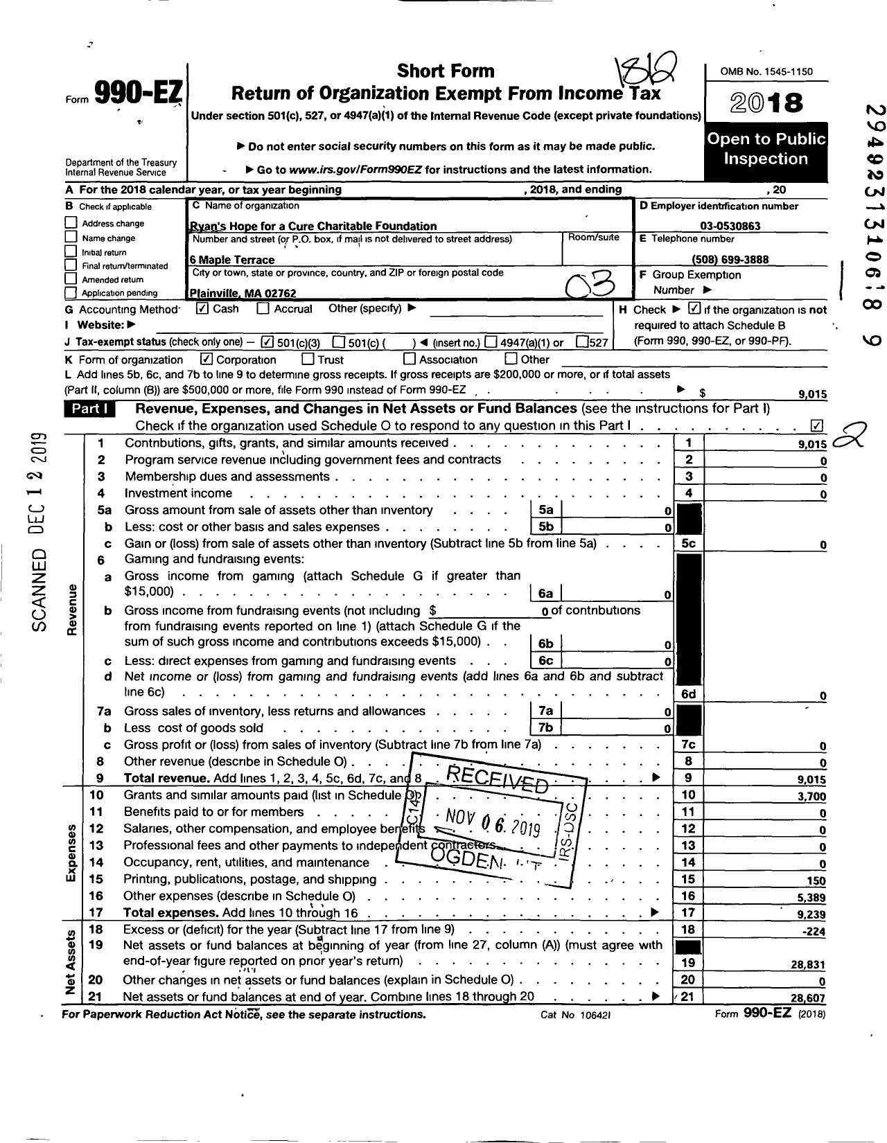 Image of first page of 2018 Form 990EZ for Ryans Hope for A Cure Charitable Foundation