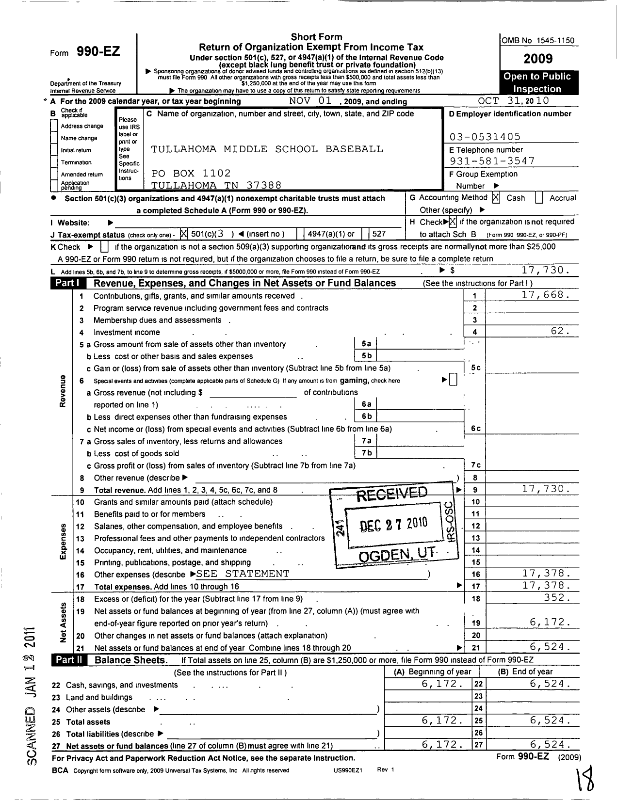 Image of first page of 2009 Form 990EZ for Tullahoma Middle School Baseball Association