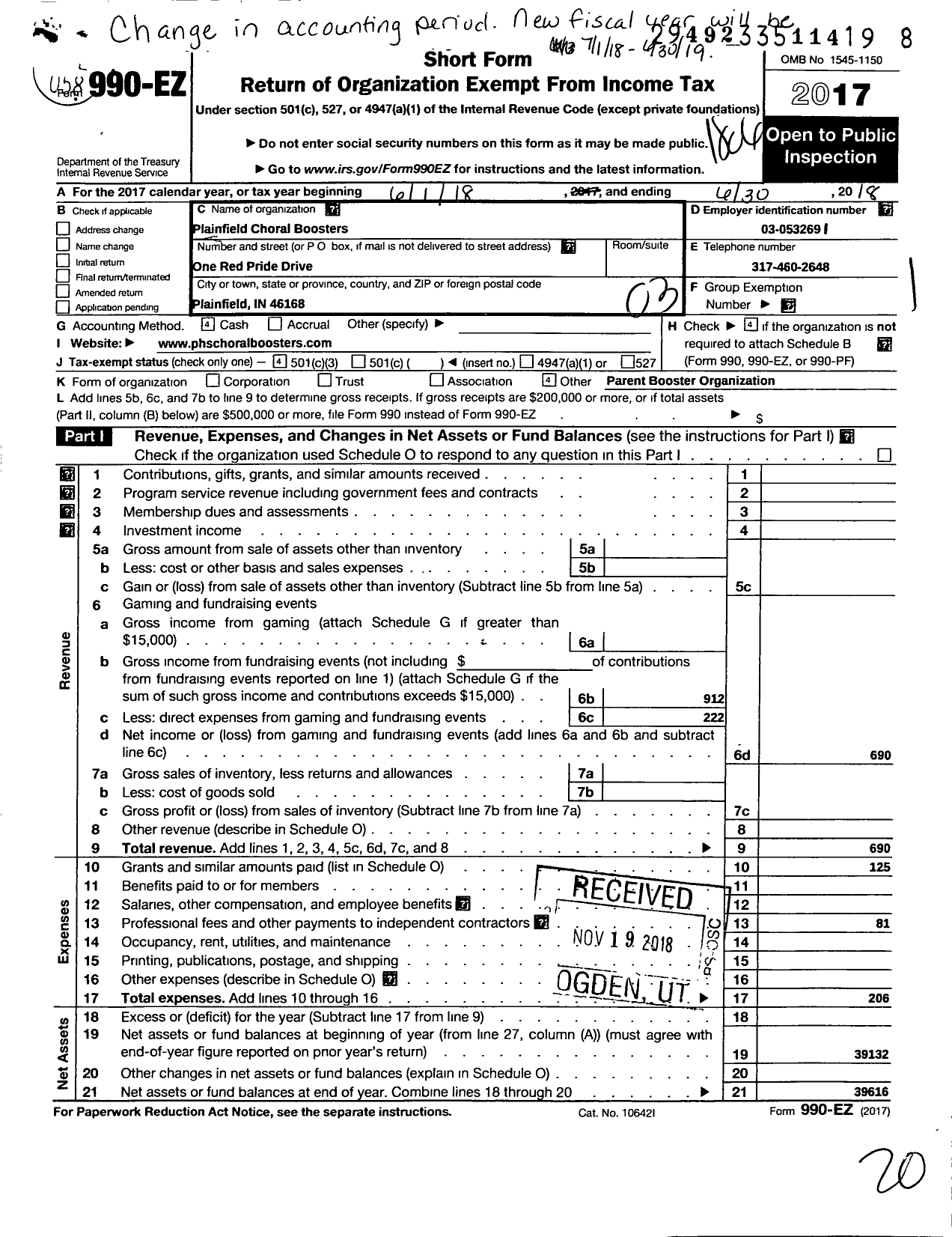 Image of first page of 2017 Form 990EZ for Plainfield High School Choral Boosters