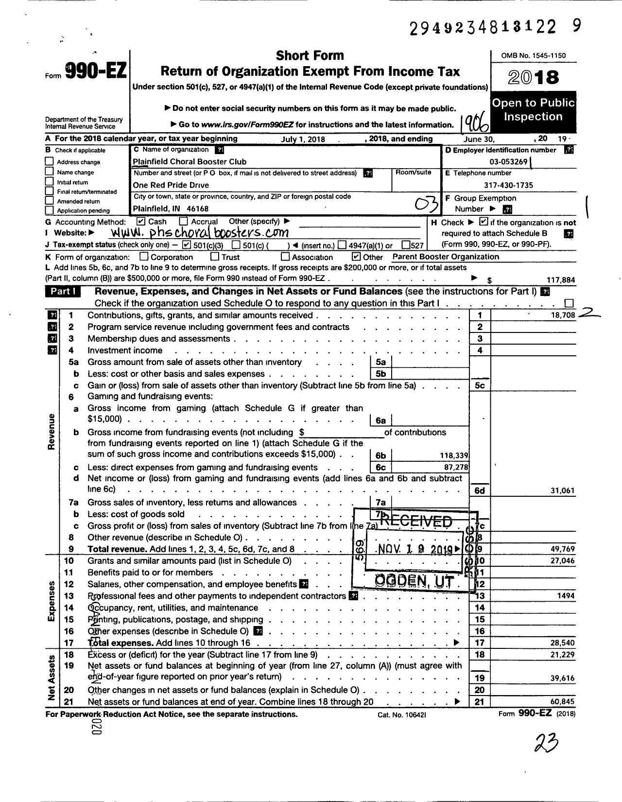 Image of first page of 2018 Form 990EZ for Plainfield High School Choral Boosters