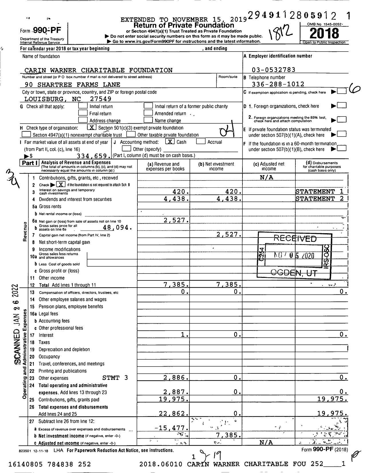 Image of first page of 2018 Form 990PF for Carin Warner Charitable Foundation