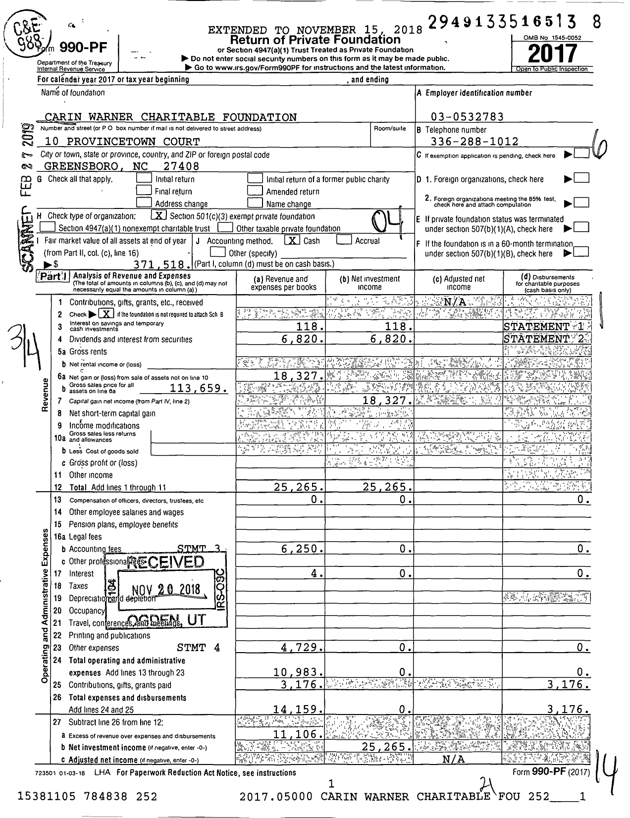 Image of first page of 2017 Form 990PF for Carin Warner Charitable Foundation