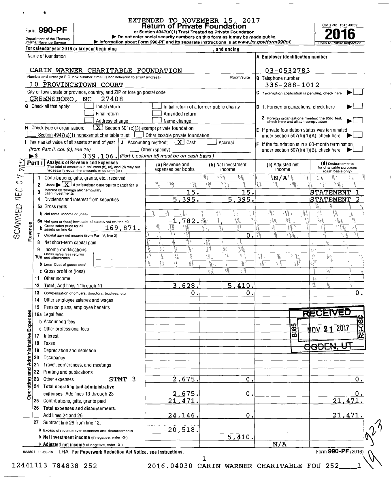 Image of first page of 2016 Form 990PF for Carin Warner Charitable Foundation