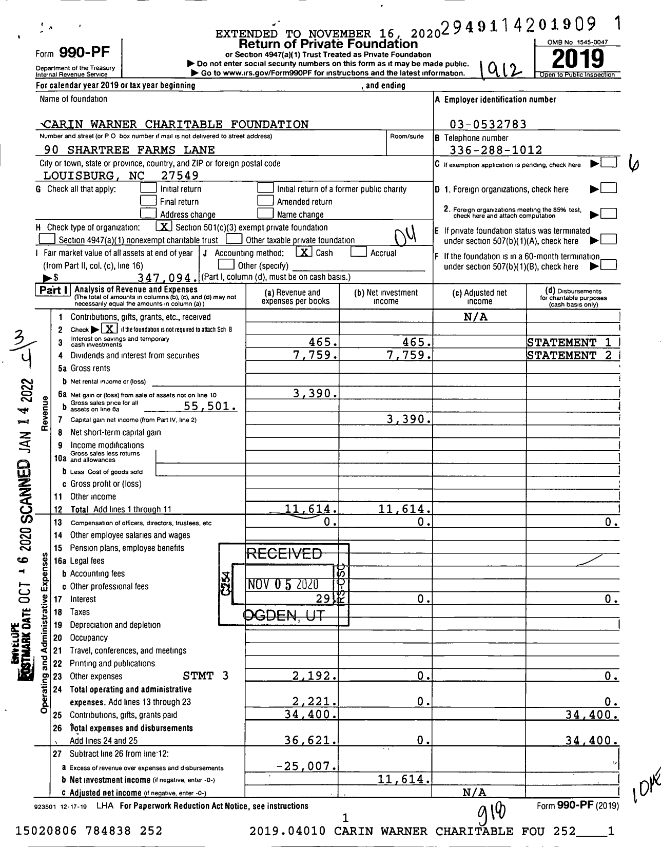 Image of first page of 2019 Form 990PF for Carin Warner Charitable Foundation