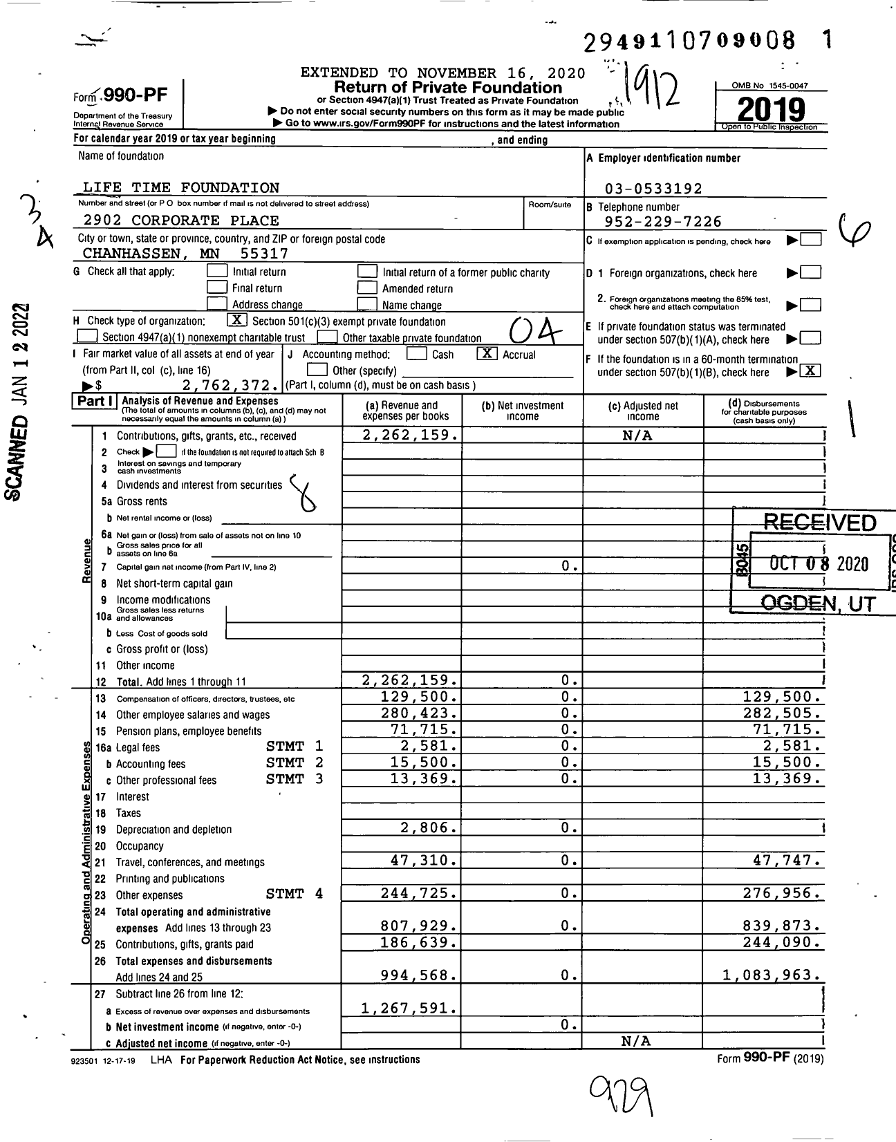 Image of first page of 2019 Form 990PF for Life Time Foundation