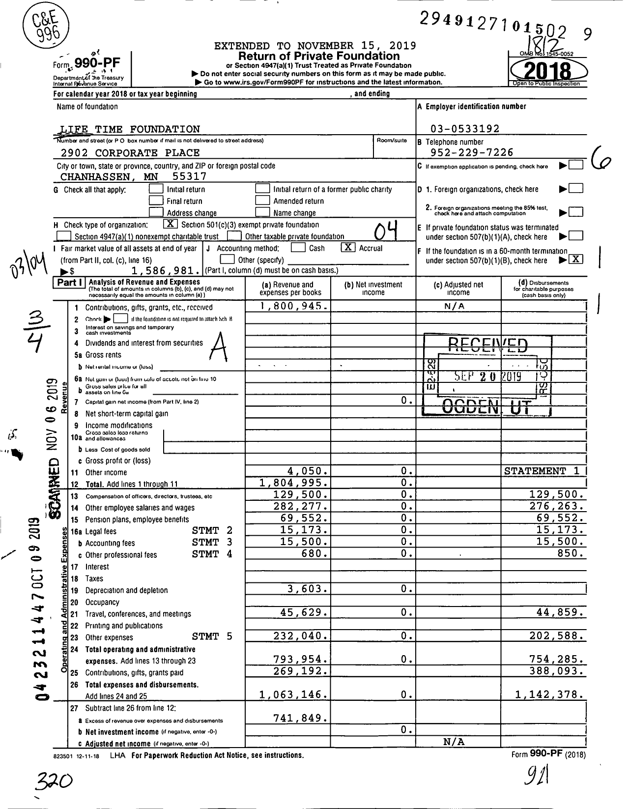 Image of first page of 2018 Form 990PF for Life Time Foundation