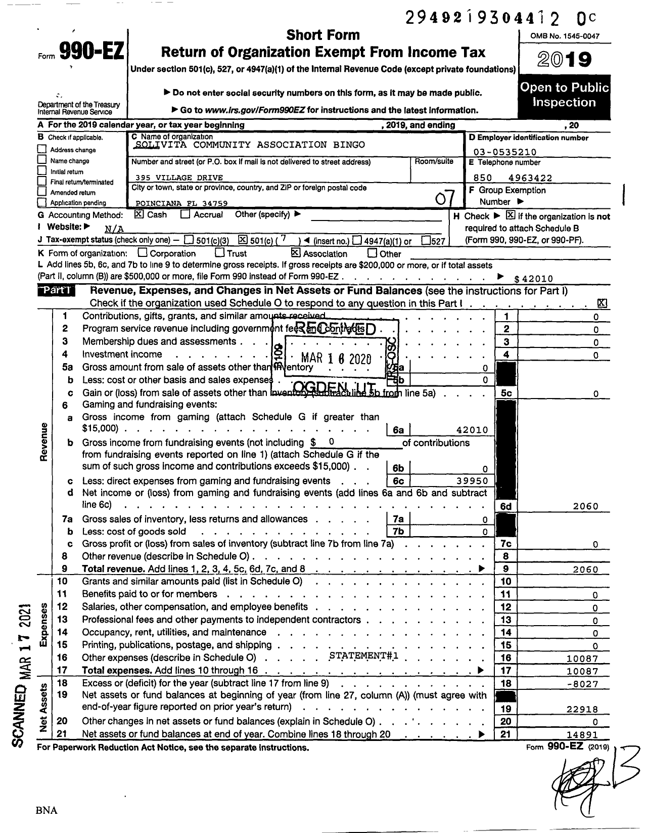 Image of first page of 2019 Form 990EO for Solivita Community Association Bingo