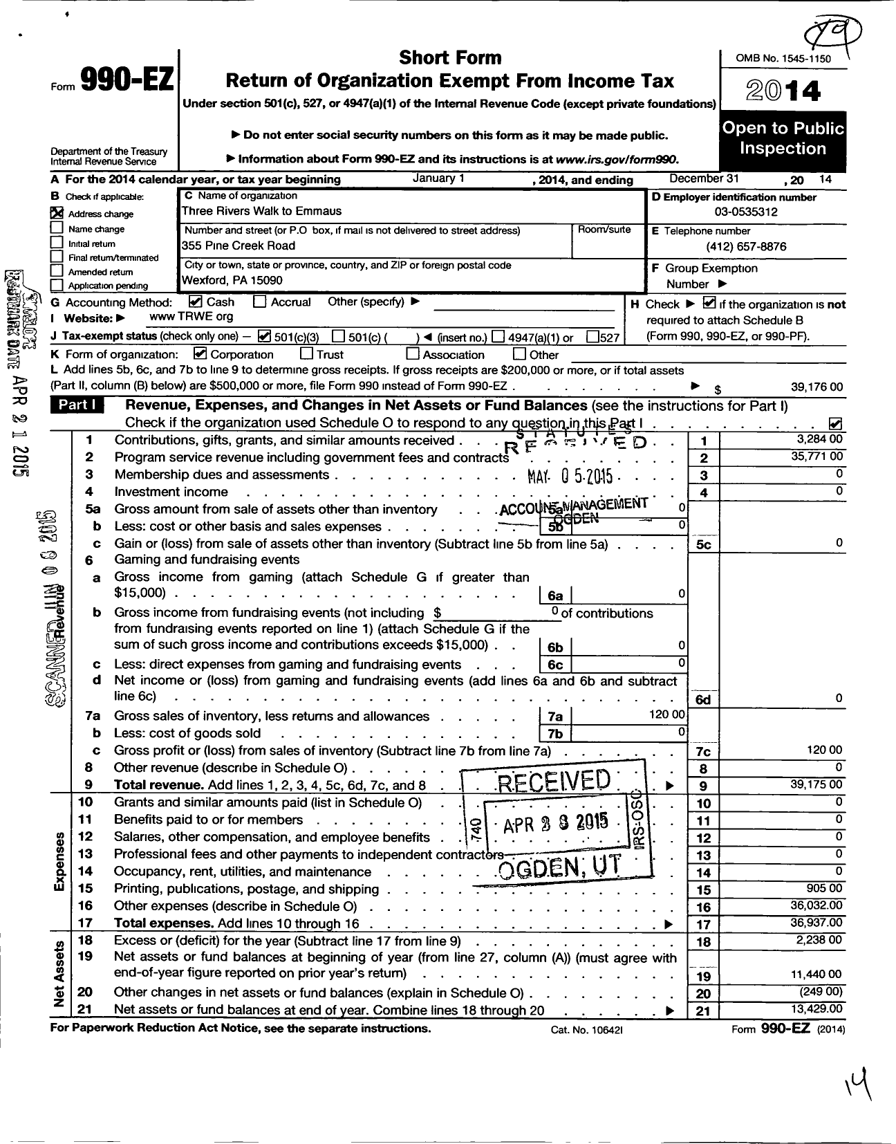 Image of first page of 2014 Form 990EZ for Three Rivers Walk To Emmaus