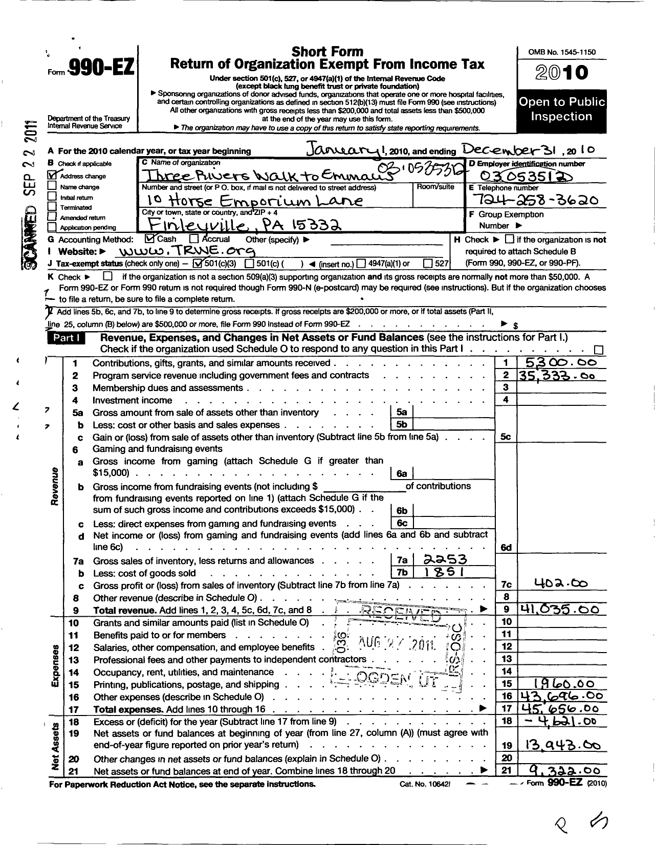 Image of first page of 2010 Form 990EZ for Three Rivers Walk To Emmaus