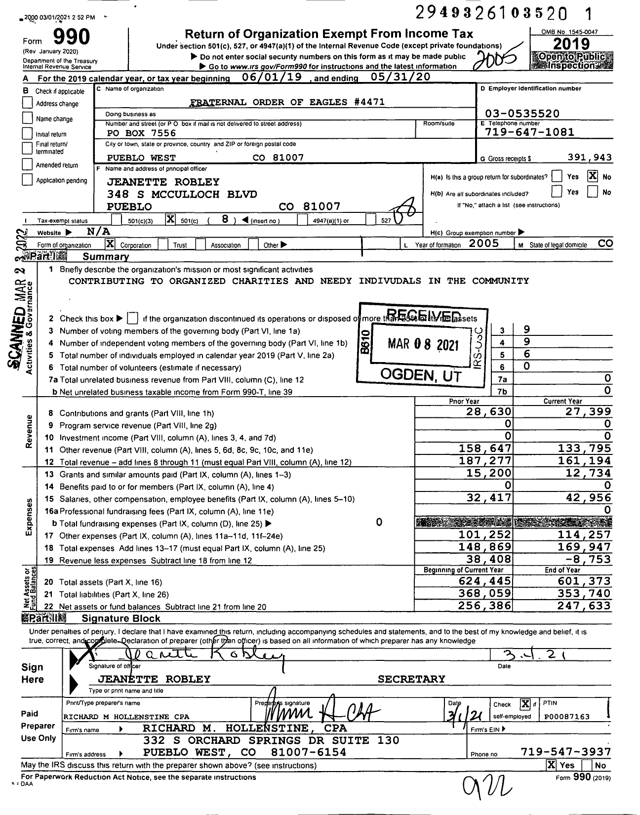 Image of first page of 2019 Form 990O for Fraternal Order of Eagles - Aerie Secretary