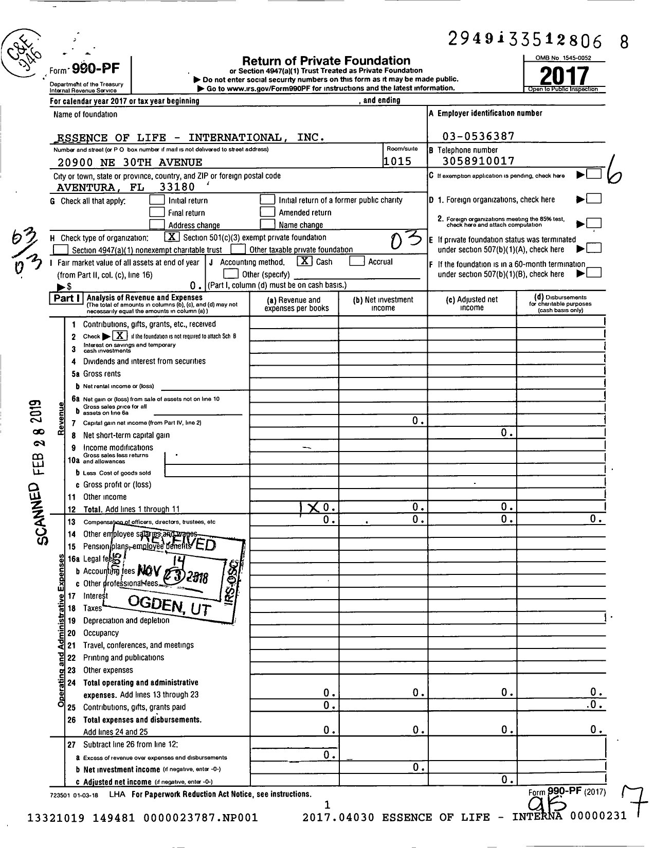 Image of first page of 2017 Form 990PF for Essence of Life - International