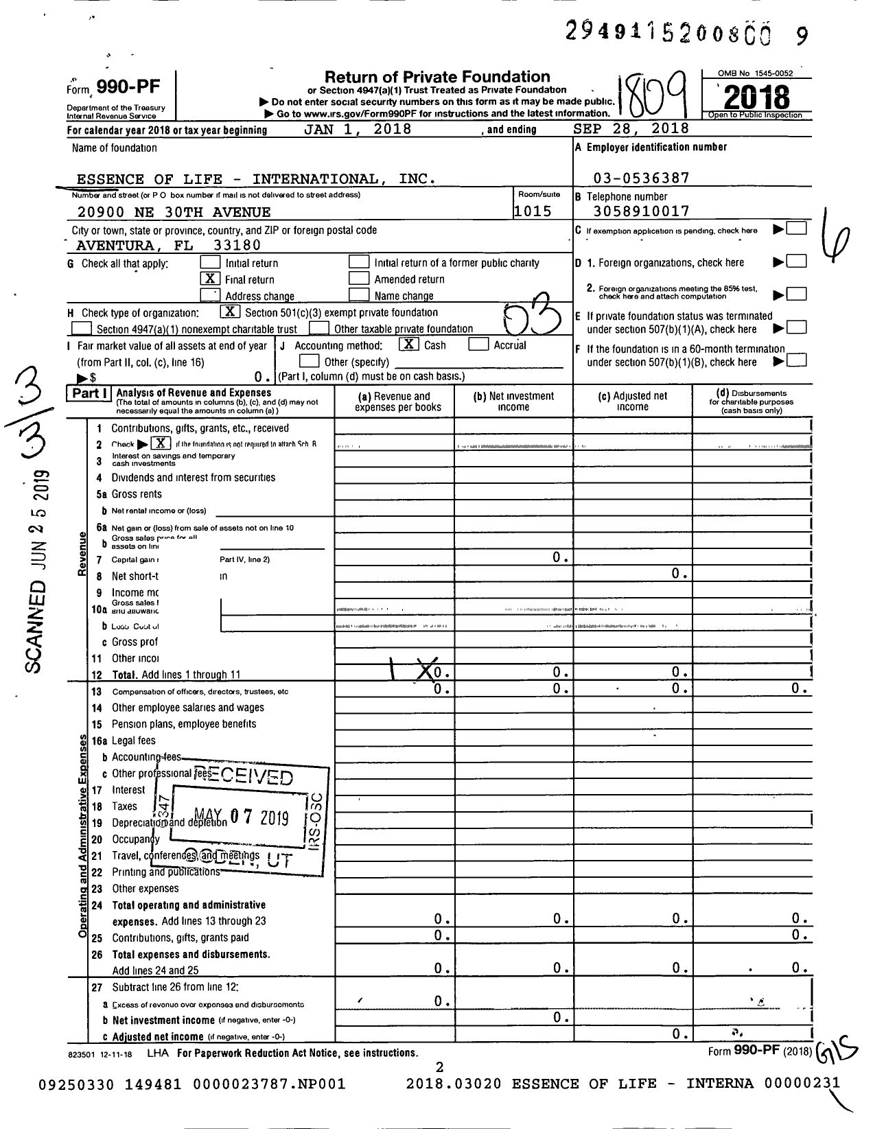 Image of first page of 2017 Form 990PF for Essence of Life - International