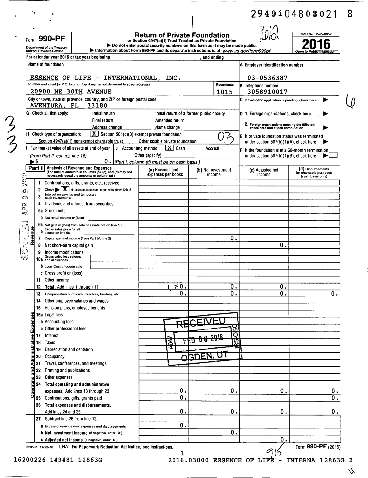 Image of first page of 2016 Form 990PF for Essence of Life - International