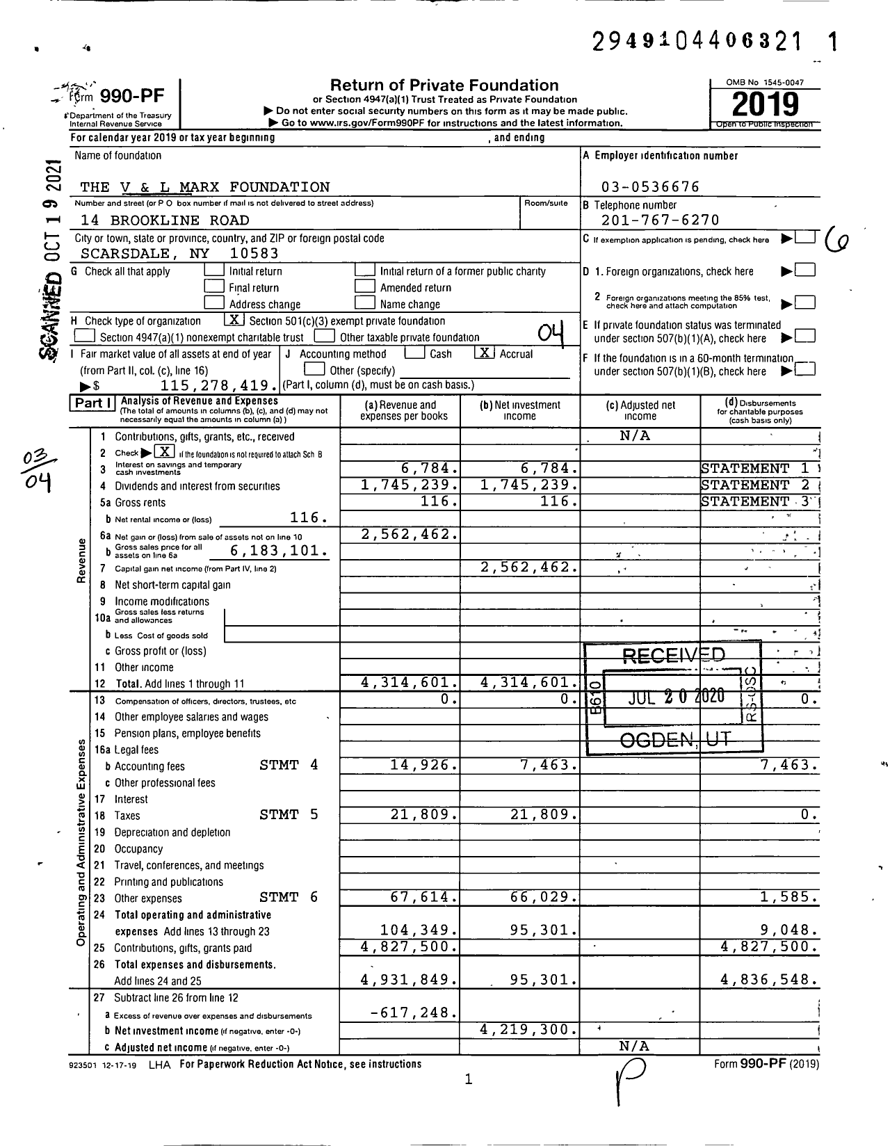 Image of first page of 2019 Form 990PF for The V and L Marx Foundation
