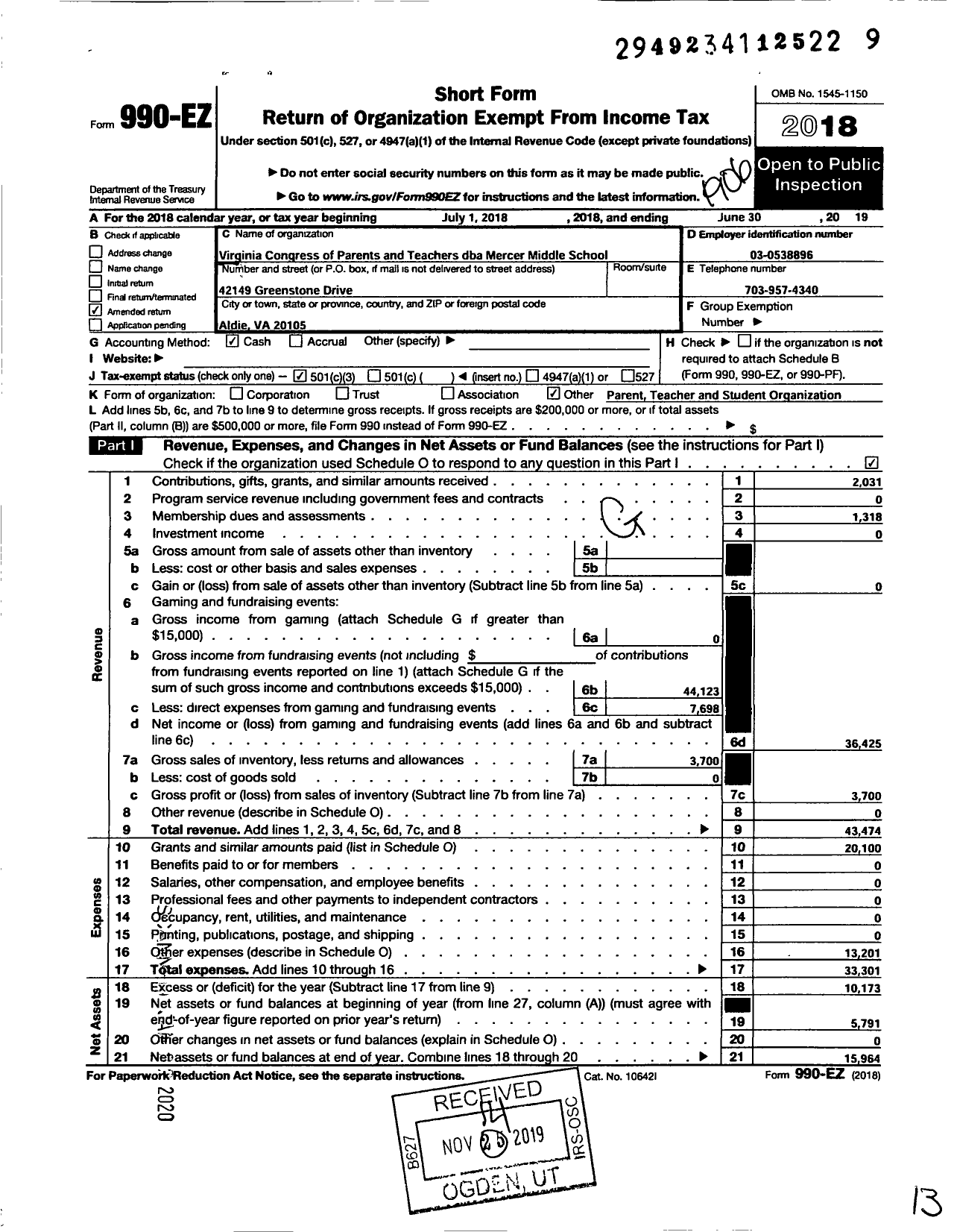 Image of first page of 2018 Form 990EZ for Virginia PTA - Mercer Middle School Ptsa