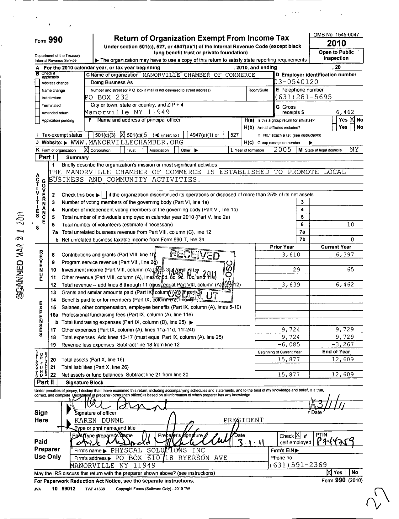 Image of first page of 2010 Form 990O for Manorville Chamber of Commerce