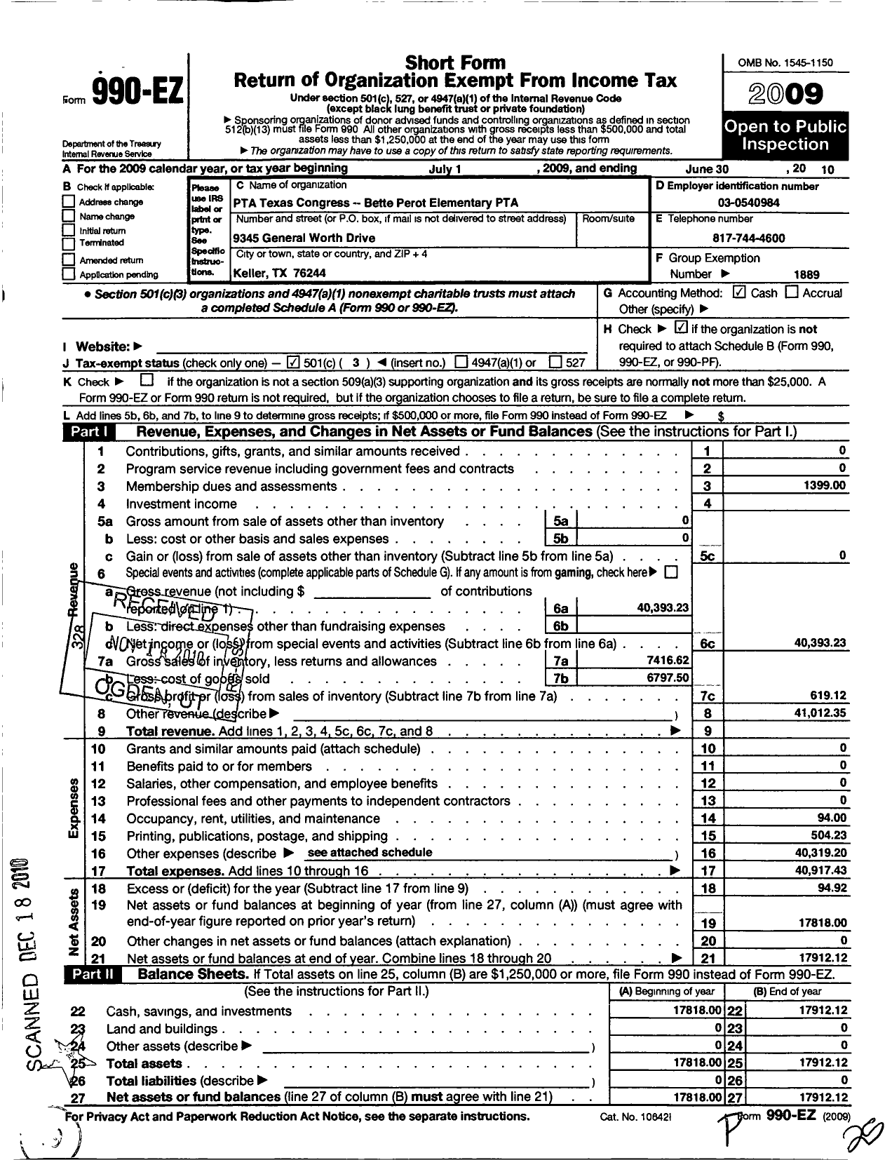 Image of first page of 2009 Form 990EZ for Texas PTA - Bette Perot Elementary PTA