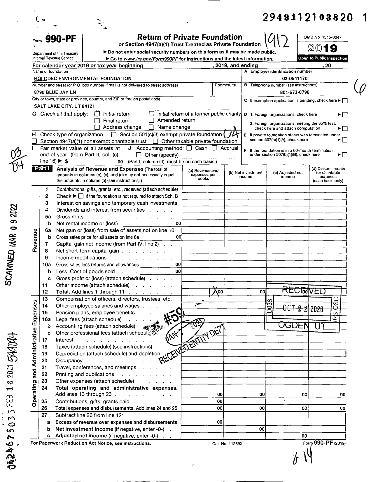 Image of first page of 2019 Form 990PF for Holodec Environmental Foundation