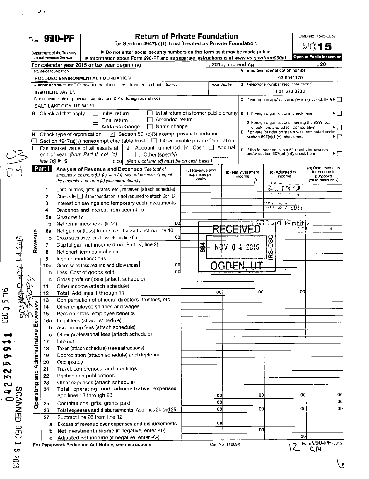 Image of first page of 2015 Form 990PF for Holodec Environmental Foundation