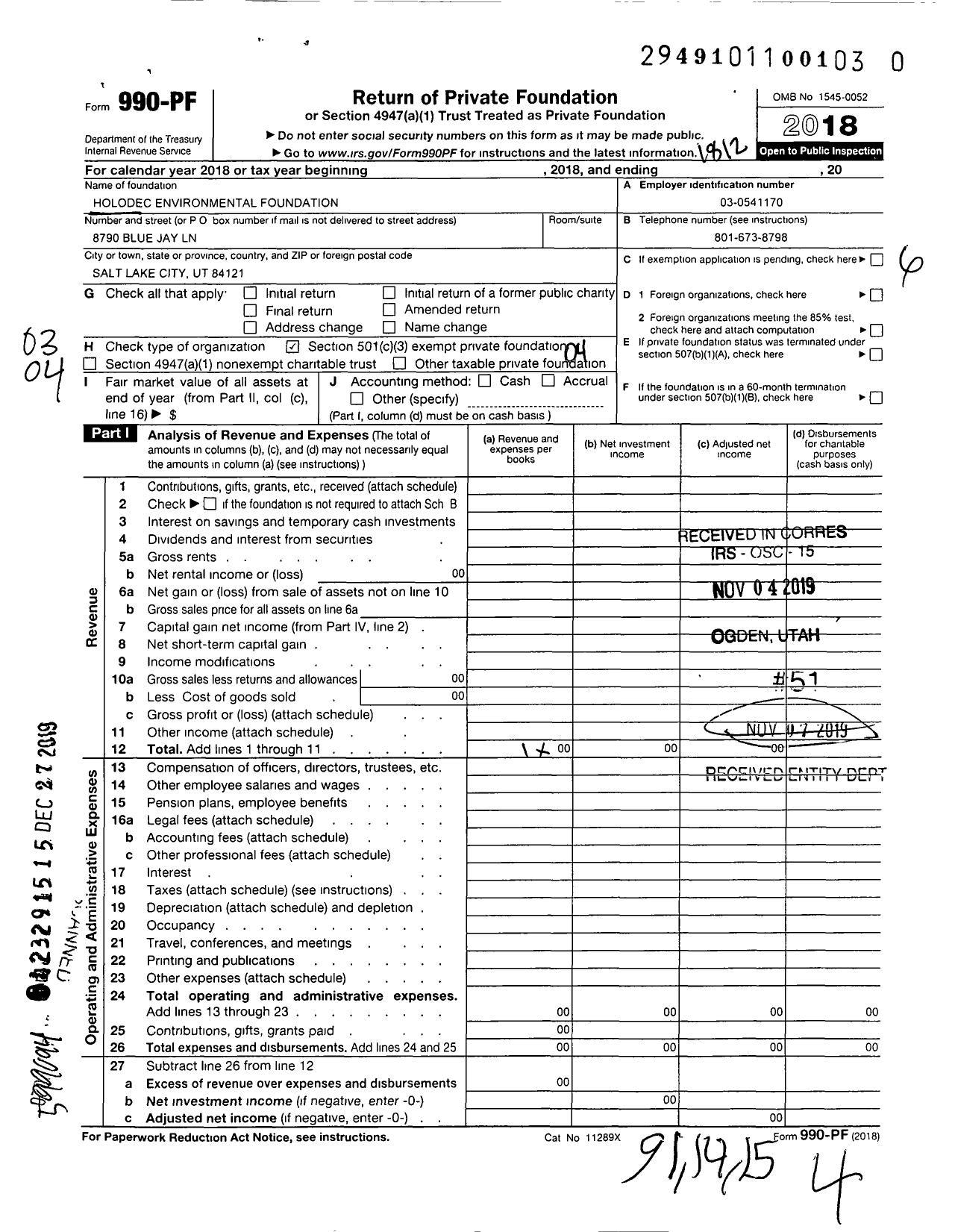 Image of first page of 2018 Form 990PR for Holodec Environmental Foundation