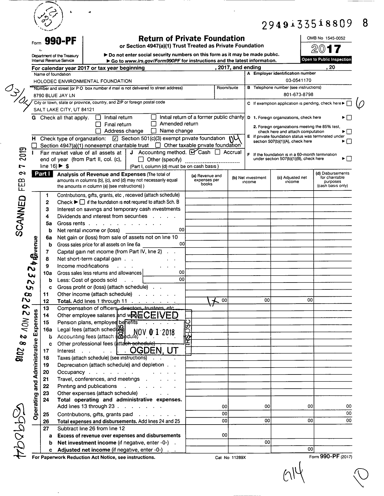 Image of first page of 2017 Form 990PF for Holodec Environmental Foundation